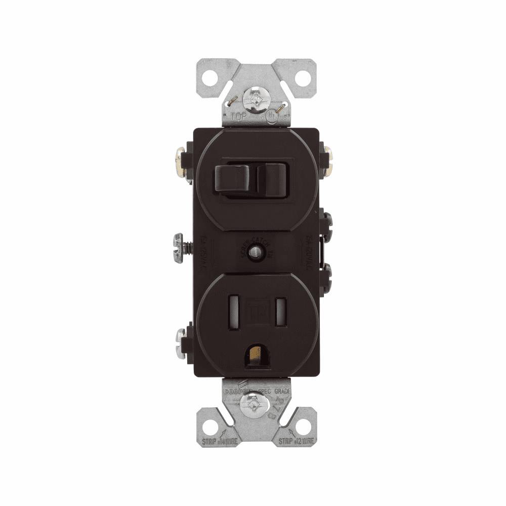 Eaton TR293B TR293B Eaton - Eaton commercial grade combination switch, tamp resist, auto-grnd, Stand, #14 - #12 AWG, 15A, Commer, 120V switch, 125V recept, bk and sd wiring, togg, Maint closure, Screw, Brass, Brown, 5-15R, -20-60?C, 3-way, dplx, thermoplas, PVC Eaton TR293B TR293B Eaton - Eaton commercial grade combination switch, tamp resist, auto-grnd, Stand, #14 - #12 AWG, 15A, Commer, 120V switch, 125V recept, bk and sd wiring, togg, Maint closure, Screw, Brass, Brown, 5-15R, -20-60?C, 3-way, dplx, thermoplas, PVC