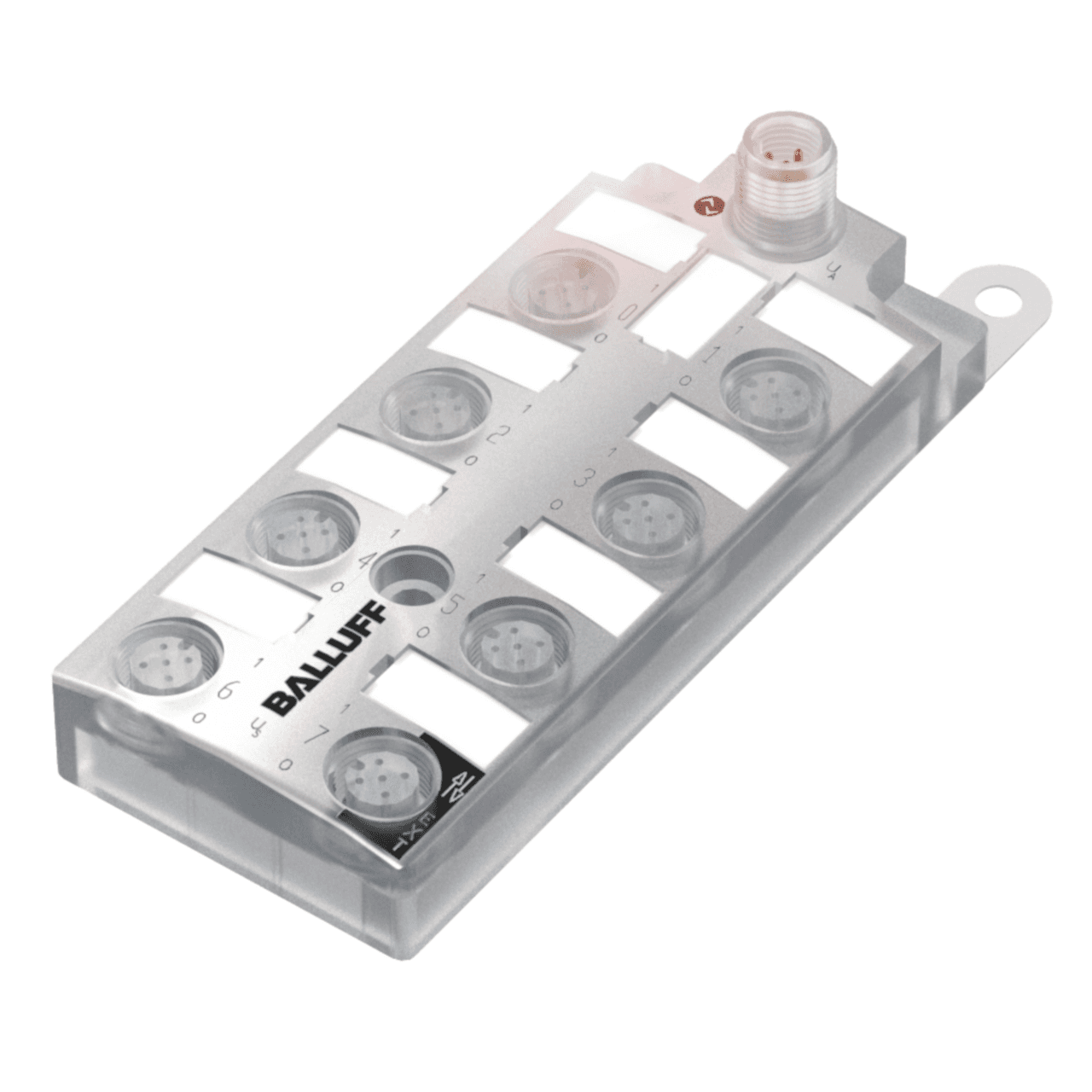 Balluff BNI007Z IO-Link sensor/actuator hub, Interface: IO-Link 1.1, Operating voltage Ub: 18...30.2 VDC, Connection (COM 1): M12x1-Male, 4-pin, A-coded, Connection slots: 8x M12x1-Female, 5-pin, A-coded, Digital inputs: 16x PNP, Type 3, Digital outputs: 16x PNP, Configu Balluff BNI007Z IO-Link sensor/actuator hub, Interface: IO-Link 1.1, Operating voltage Ub: 18...30.2 VDC, Connection (COM 1): M12x1-Male, 4-pin, A-coded, Connection slots: 8x M12x1-Female, 5-pin, A-coded, Digital inputs: 16x PNP, Type 3, Digital outputs: 16x PNP, Configu