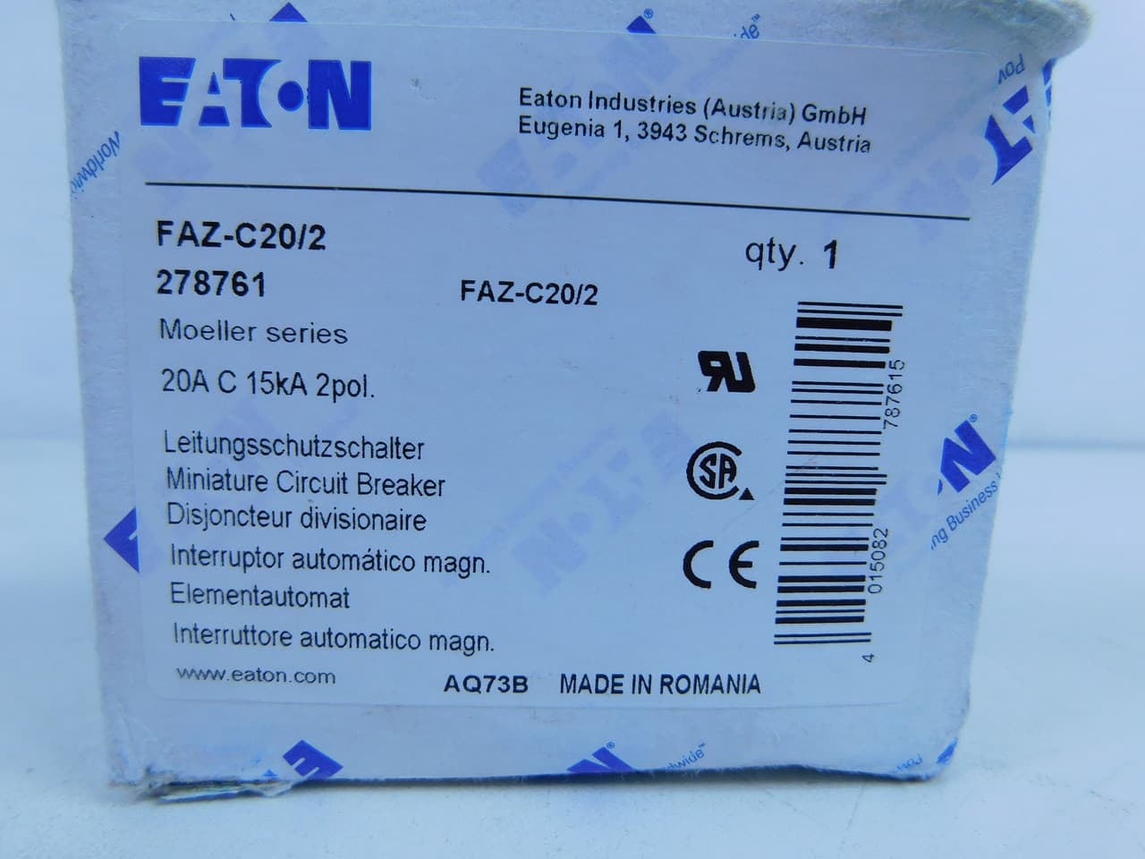 Eaton FAZ-C20/2 Eaton FAZ supplementary protector,UL 1077 Industrial miniature circuit breaker - supplementary protector,Medium levels of inrush current are expected,20 A,15 kAIC,Two-pole,5-10X /n,50-60 Hz,Standard terminals,C Curve Eaton FAZ-C20/2 Eaton FAZ supplementary protector,UL 1077 Industrial miniature circuit breaker - supplementary protector,Medium levels of inrush current are expected,20 A,15 kAIC,Two-pole,5-10X /n,50-60 Hz,Standard terminals,C Curve