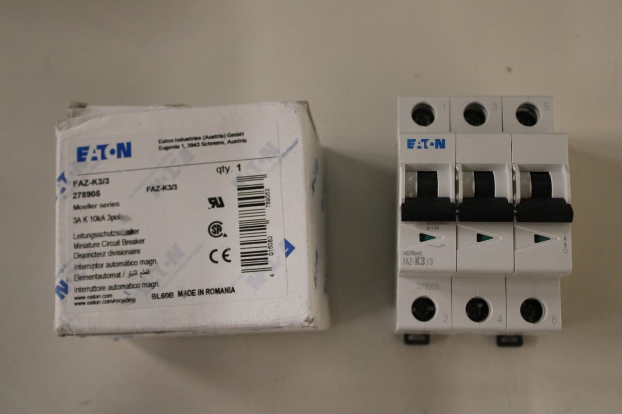 Eaton FAZ-K3/3 277/480 VAC 50/60 Hz, 3 A, 3-Pole, 10 kA, 8 to 12 x Rated Current, Line/Load Terminal, DIN Rail Mount, Standard Packaging, K-Curve, Current Limiting, Thermal Magnetic Eaton FAZ-K3/3 277/480 VAC 50/60 Hz, 3 A, 3-Pole, 10 kA, 8 to 12 x Rated Current, Line/Load Terminal, DIN Rail Mount, Standard Packaging, K-Curve, Current Limiting, Thermal Magnetic