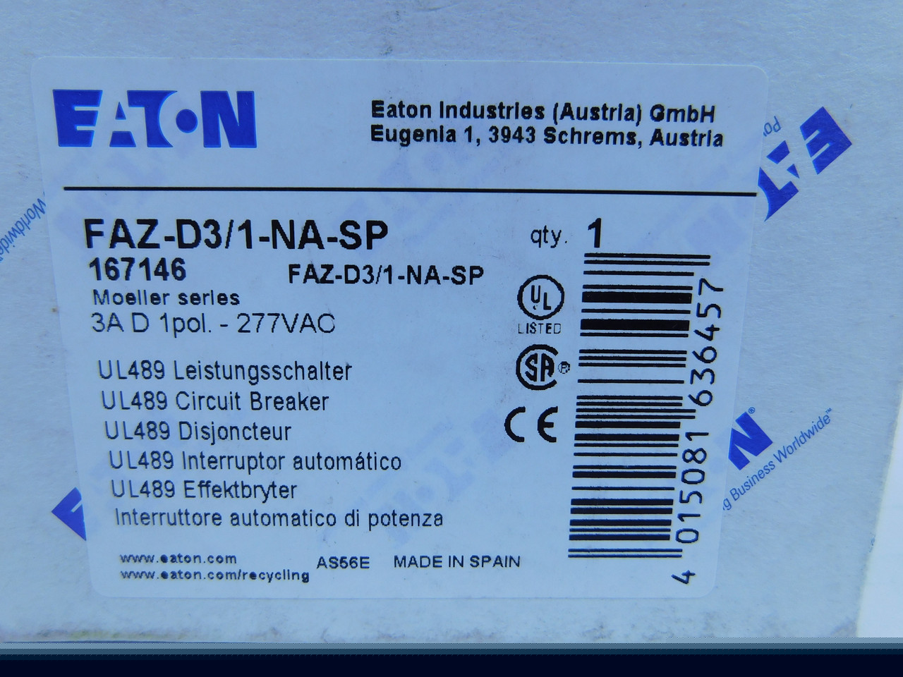Eaton FAZ-D3/1-NA-SP Eaton FAZ branch protector,UL 489 Industrial miniature circuit breaker - supplementary protector,Single package,High levels of inrush current are expected,3 A,10 kAIC,Single-pole,277 V,10-20X /n,Q38,50-60 Hz,Screw terminals,D Curve Eaton FAZ-D3/1-NA-SP Eaton FAZ branch protector,UL 489 Industrial miniature circuit breaker - supplementary protector,Single package,High levels of inrush current are expected,3 A,10 kAIC,Single-pole,277 V,10-20X /n,Q38,50-60 Hz,Screw terminals,D Curve