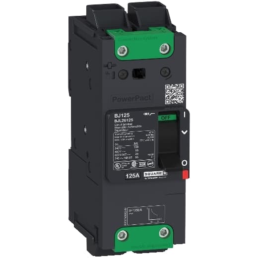 Schneider Electric BJL26050 Square D by Schneider Electric BJL26050 is a Moulded Case Circuit Breaker (MCCB) within the PowerPacT BJL sub-range, featuring a PowerPact B-Frame 100 TMD 2P 50A 600Y/347Vac 25kA design. It has a rated impulse voltage (Uimp) of 8 kV and utilizes Everlink (Creep compensating) lugs for connections on both line and load sides, offering a degree of protection of IP40. The rated current is 50A, with a rated voltage (AC) of 600Vac 600Y/347Vac. It boasts a mechanical durability of 20,000 operations at no load and can be mounted on a DIN rail or as an individual unit on a plate. This 2-pole (2P) circuit breaker has dimensions of 137 mm in height, 80 mm in depth, and 54 mm in width. It falls under utilisation category A and features protection settings for over-current fixed at 50A, short-circuit hold current fixed at 480A, and short-circuit trip current fixed at 720A. The rated voltage (DC) is 250Vdc, with a rated insulation voltage (Ui) of 800 V and a rated operating voltage (Ue) of 690 V. Protection functions include thermal protection for overload and magnetic protection for short-circuits, with a trip current rating of 50 AT. Its electrical durability with load is rated at 10,000 operations at 440Vac; In, and it has a frame current rating of 100 AF. The operating mode is toggle (manual), and it has a short circuit breaking rating of 100kA at 240Vac, 65kA at 480Vac, 65kA at 480Y/277Vac, 25kA at 600Y/347Vac, and 50kA at 250Vdc, all according to UL489 standards. The trip unit type is thermal-magnetic (fixed) with no display. Schneider Electric BJL26050 Square D by Schneider Electric BJL26050 is a Moulded Case Circuit Breaker (MCCB) within the PowerPacT BJL sub-range, featuring a PowerPact B-Frame 100 TMD 2P 50A 600Y/347Vac 25kA design. It has a rated impulse voltage (Uimp) of 8 kV and utilizes Everlink (Creep compensating) lugs for connections on both line and load sides, offering a degree of protection of IP40. The rated current is 50A, with a rated voltage (AC) of 600Vac 600Y/347Vac. It boasts a mechanical durability of 20,000 operations at no load and can be mounted on a DIN rail or as an individual unit on a plate. This 2-pole (2P) circuit breaker has dimensions of 137 mm in height, 80 mm in depth, and 54 mm in width. It falls under utilisation category A and features protection settings for over-current fixed at 50A, short-circuit hold current fixed at 480A, and short-circuit trip current fixed at 720A. The rated voltage (DC) is 250Vdc, with a rated insulation voltage (Ui) of 800 V and a rated operating voltage (Ue) of 690 V. Protection functions include thermal protection for overload and magnetic protection for short-circuits, with a trip current rating of 50 AT. Its electrical durability with load is rated at 10,000 operations at 440Vac; In, and it has a frame current rating of 100 AF. The operating mode is toggle (manual), and it has a short circuit breaking rating of 100kA at 240Vac, 65kA at 480Vac, 65kA at 480Y/277Vac, 25kA at 600Y/347Vac, and 50kA at 250Vdc, all according to UL489 standards. The trip unit type is thermal-magnetic (fixed) with no display.