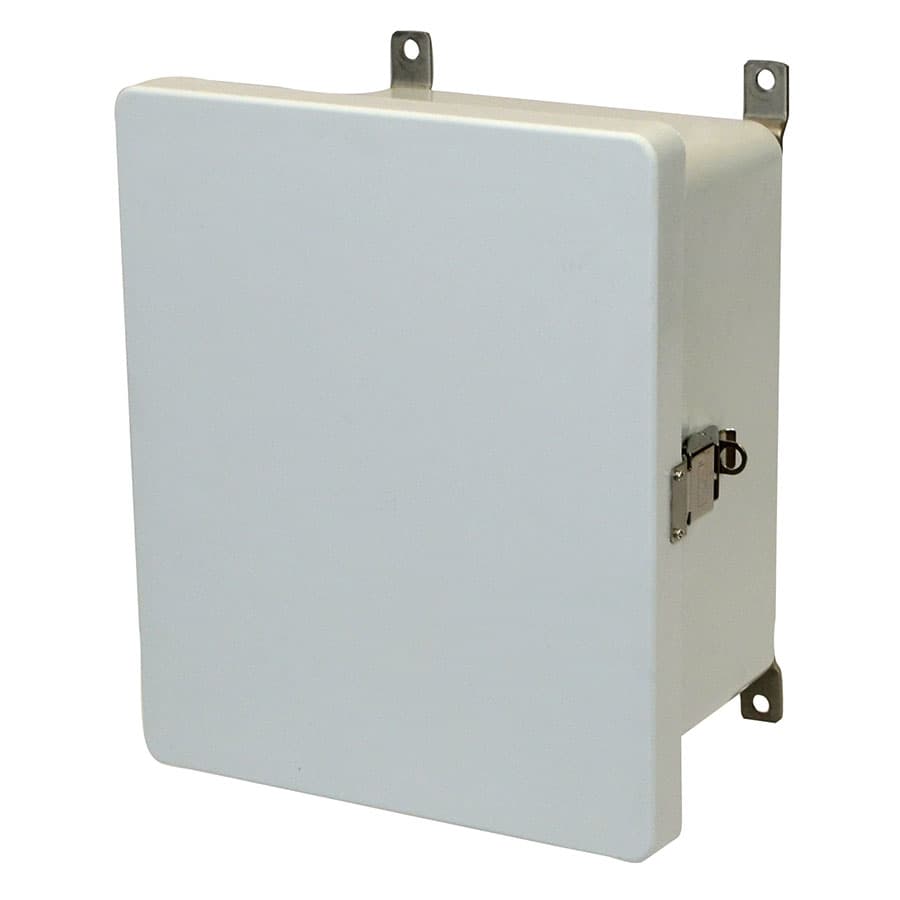 Allied Moulded Products AM864L 8"x6"x4" AM Series fiberglass wall mount enclosure assembly with hinged cover and stainless steel snap latch Allied Moulded Products AM864L 8"x6"x4" AM Series fiberglass wall mount enclosure assembly with hinged cover and stainless steel snap latch
