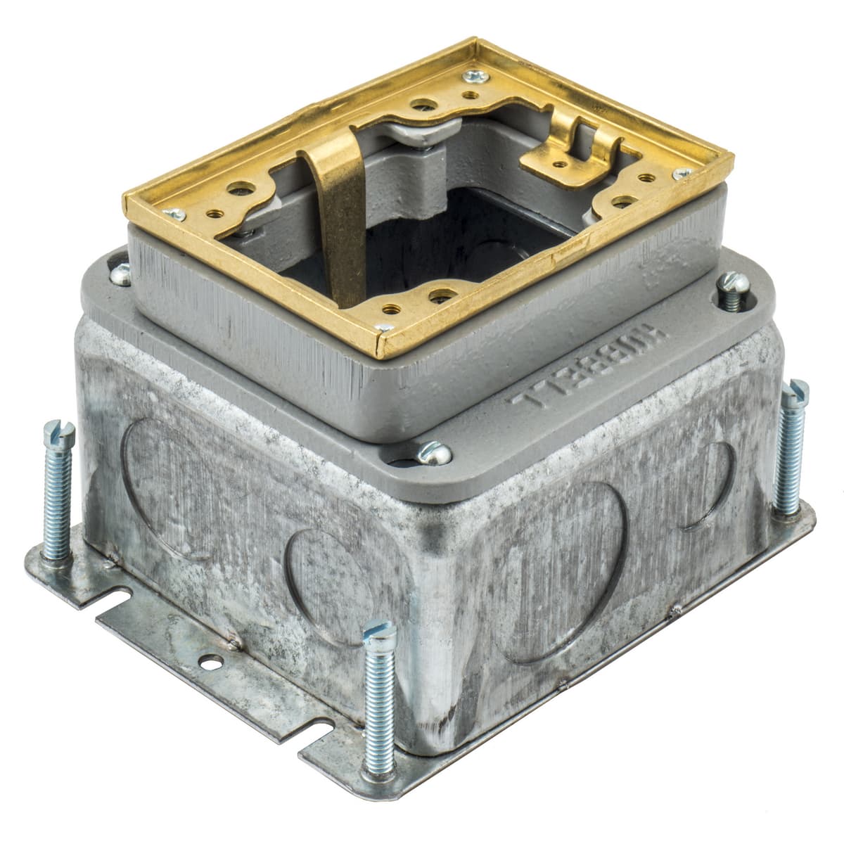Hubbell B2427 Flush Concrete Floor Box Series, 1-Gang, Rectangular, Galvanized Stamped Steel Box, Deep, Fully Adjustable, Single Service, Brass Top  ; Stamped steel construction ; Concentric knockouts permit various conduit sizes ; Economical and light weight for above Hubbell B2427 Flush Concrete Floor Box Series, 1-Gang, Rectangular, Galvanized Stamped Steel Box, Deep, Fully Adjustable, Single Service, Brass Top  ; Stamped steel construction ; Concentric knockouts permit various conduit sizes ; Economical and light weight for above