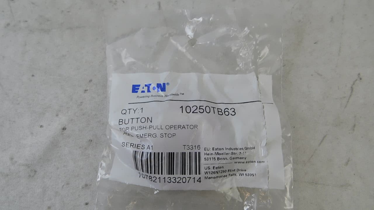 Eaton 10250TB63 10250TB63 Eaton - Eaton 10250T pushbutton button, 10250T series, Non-illuminated Push-Pull Operator Button, Red actuator, Legend: E-STOP, Standard (40 mm) Eaton 10250TB63 10250TB63 Eaton - Eaton 10250T pushbutton button, 10250T series, Non-illuminated Push-Pull Operator Button, Red actuator, Legend: E-STOP, Standard (40 mm)
