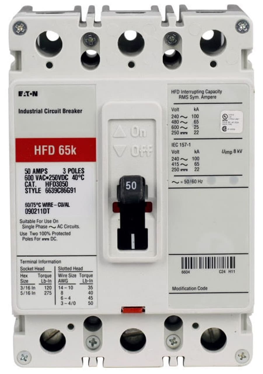 Cutler-Hammer HFB3050L Cutler Hammer HFB3050L Molded Case Breakers (MCCBs) 3P 50A 50/60Hz 3Ph EA Cutler-Hammer HFB3050L Cutler Hammer HFB3050L Molded Case Breakers (MCCBs) 3P 50A 50/60Hz 3Ph EA