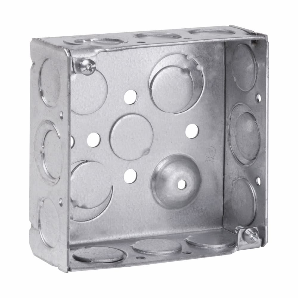 Eaton TP404G Eaton Crouse-Hinds series Square Outlet Box, (2) 1/2", (2) 1/2", (1) 3/4" E, 4", Conduit (no clamps), Welded, 1-1/2", Steel, (8) 1/2",(4) 1/2", (1) 3/4" E, Ground screw installed, 22.0 cubic inch capacity Eaton TP404G Eaton Crouse-Hinds series Square Outlet Box, (2) 1/2", (2) 1/2", (1) 3/4" E, 4", Conduit (no clamps), Welded, 1-1/2", Steel, (8) 1/2",(4) 1/2", (1) 3/4" E, Ground screw installed, 22.0 cubic inch capacity