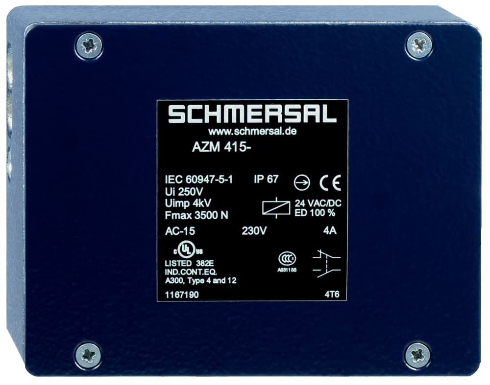 Schmersal AZM 415-22ZPK-M20 24VAC/DC Solenoid interlocks; Adjustable ball latch to 400 N; 2 switches in one enclosure; Problem-free opening of stressed doors by means of bell-crank system; 130 mm x 100 mm x 46,5 mm; Cable entry M20 x 1.5; Metal enclosure; Interlock with protection against in Schmersal AZM 415-22ZPK-M20 24VAC/DC Solenoid interlocks; Adjustable ball latch to 400 N; 2 switches in one enclosure; Problem-free opening of stressed doors by means of bell-crank system; 130 mm x 100 mm x 46,5 mm; Cable entry M20 x 1.5; Metal enclosure; Interlock with protection against in
