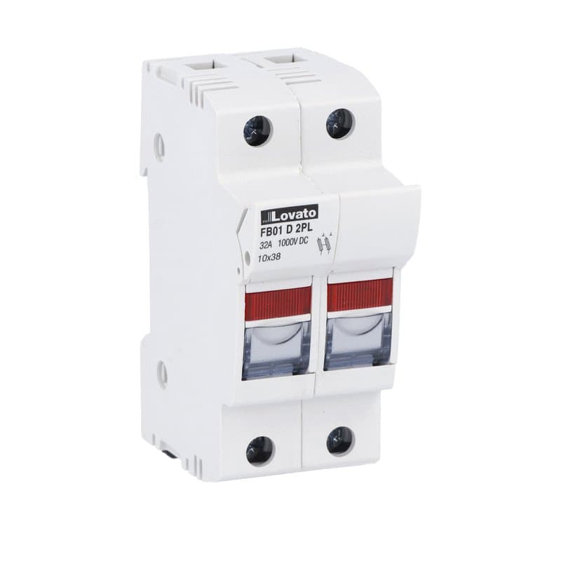 Lovato Electric FB01D2PL FB01D2PL Lovato - Fuse holder UL certified for photovoltaic applications, for 10X38mm fuses. 32A rated current at 1000VDC, 2P. With status indicator. 2 modules Lovato Electric FB01D2PL FB01D2PL Lovato - Fuse holder UL certified for photovoltaic applications, for 10X38mm fuses. 32A rated current at 1000VDC, 2P. With status indicator. 2 modules
