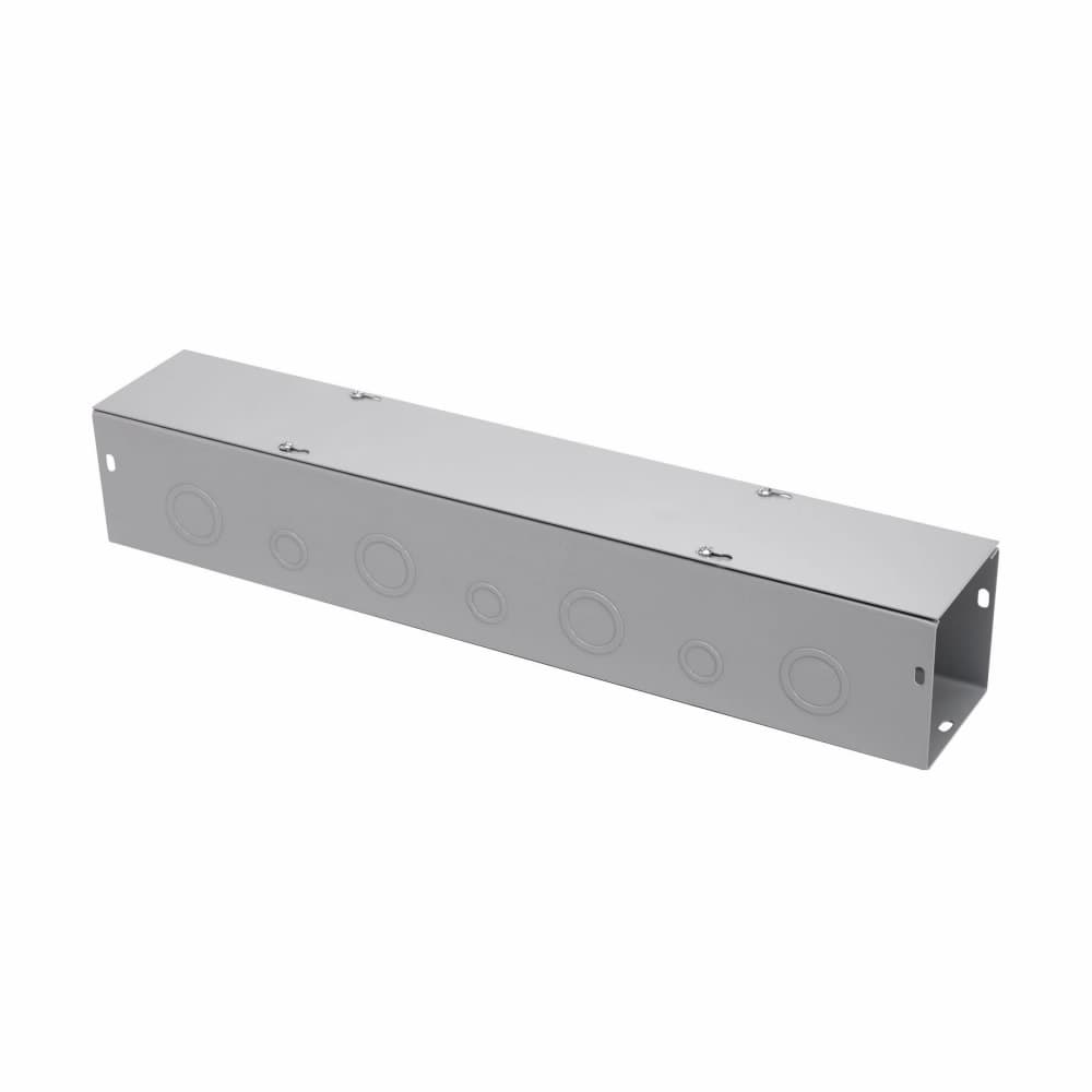 Eaton 6612 G Eaton B-Line series wireway, 6" height, 12" length, 6" width, G wireway, Thru holes, 3 top knockouts, 3 bottom knockouts, Screw cover, NEMA 1, Steel, Plated screws, ANSI 61 gray, 16 gauge Eaton 6612 G Eaton B-Line series wireway, 6" height, 12" length, 6" width, G wireway, Thru holes, 3 top knockouts, 3 bottom knockouts, Screw cover, NEMA 1, Steel, Plated screws, ANSI 61 gray, 16 gauge