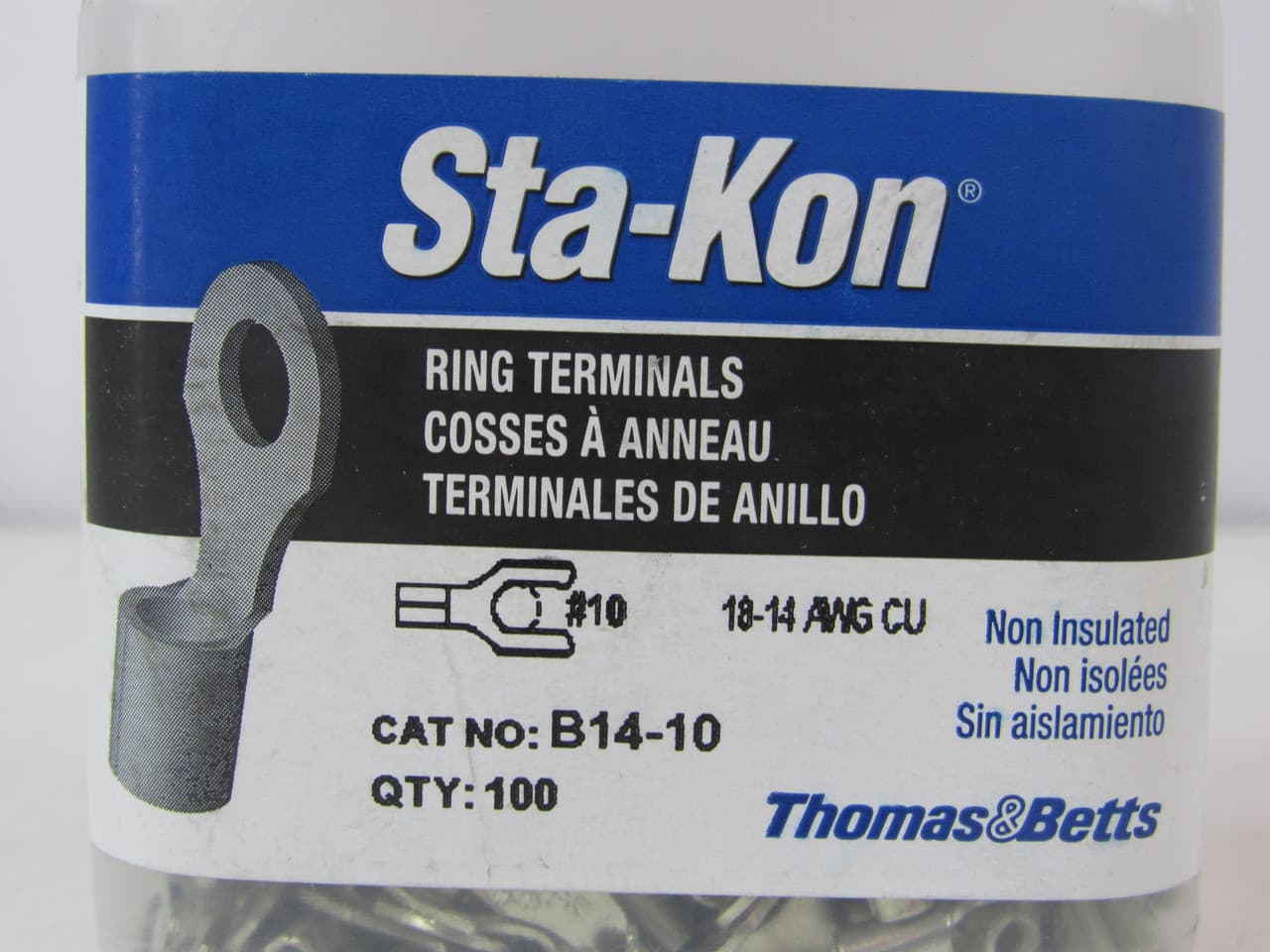 Thomas & Betts B14-10 18 to 14 AWG, #10 Stud, 600 V, Metallic, Electrolytic Tin Plated Copper, Non-Insulated, Serrated Barrel, Electrical Thomas & Betts B14-10 18 to 14 AWG, #10 Stud, 600 V, Metallic, Electrolytic Tin Plated Copper, Non-Insulated, Serrated Barrel, Electrical