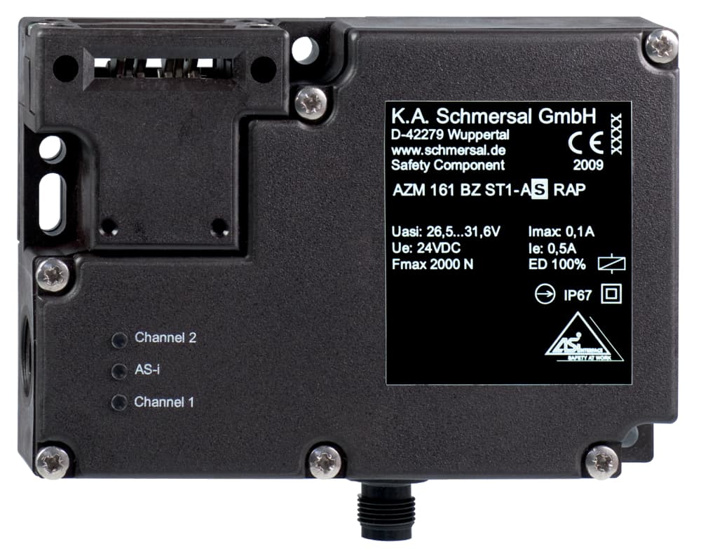 Schmersal AZM 161 B ST1-AS A AS interface safety at work; Safety switchgear; Solenoid supply AUS AS interface; Actuator monitored; Manual release; Solenoid interlock; Thermoplastic enclosure; High holding force 2000; 130 mm x 90 mm x 30 mm; Interlock with protection against incorrect Schmersal AZM 161 B ST1-AS A AS interface safety at work; Safety switchgear; Solenoid supply AUS AS interface; Actuator monitored; Manual release; Solenoid interlock; Thermoplastic enclosure; High holding force 2000; 130 mm x 90 mm x 30 mm; Interlock with protection against incorrect