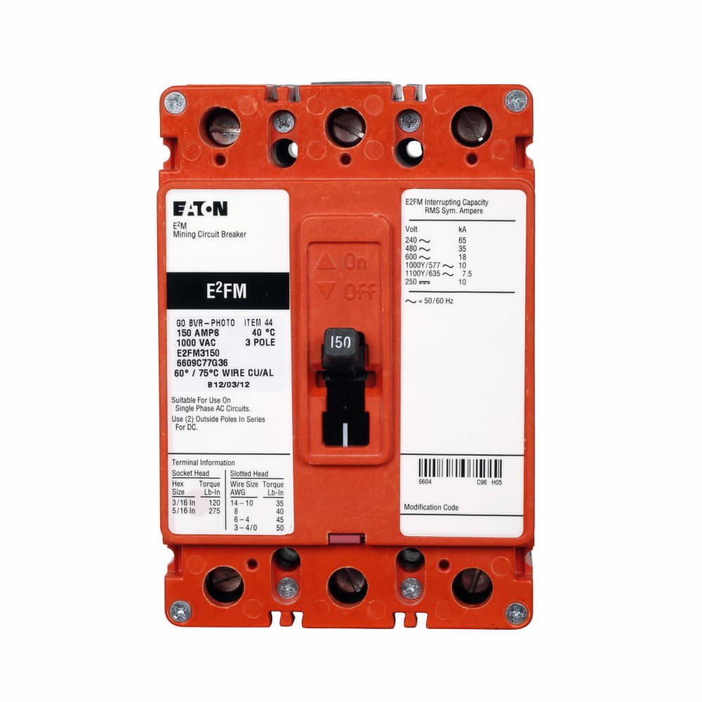 Eaton E2FM3100 E2FM3100 Eaton - Eaton E2 mining complete molded case circuit breaker, F-frame, E2FM, Complete breaker, Non-interchangeable thermal-magnetic trip, Three-pole, 100A, 1000Y/577 Vac, 250 Vdc, Line and load, Mining Eaton E2FM3100 E2FM3100 Eaton - Eaton E2 mining complete molded case circuit breaker, F-frame, E2FM, Complete breaker, Non-interchangeable thermal-magnetic trip, Three-pole, 100A, 1000Y/577 Vac, 250 Vdc, Line and load, Mining