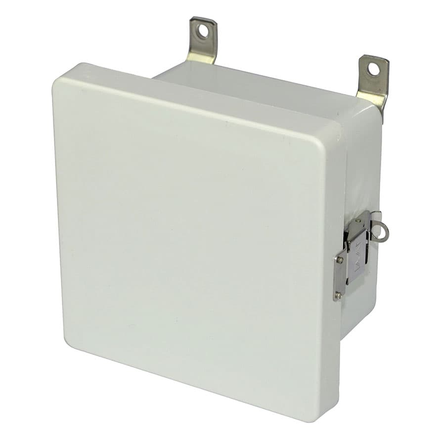 Allied Moulded Products AM664L 6"x6"x4" AM Series fiberglass wall mount enclosure assembly with hinged cover and stainless steel snap latch Allied Moulded Products AM664L 6"x6"x4" AM Series fiberglass wall mount enclosure assembly with hinged cover and stainless steel snap latch