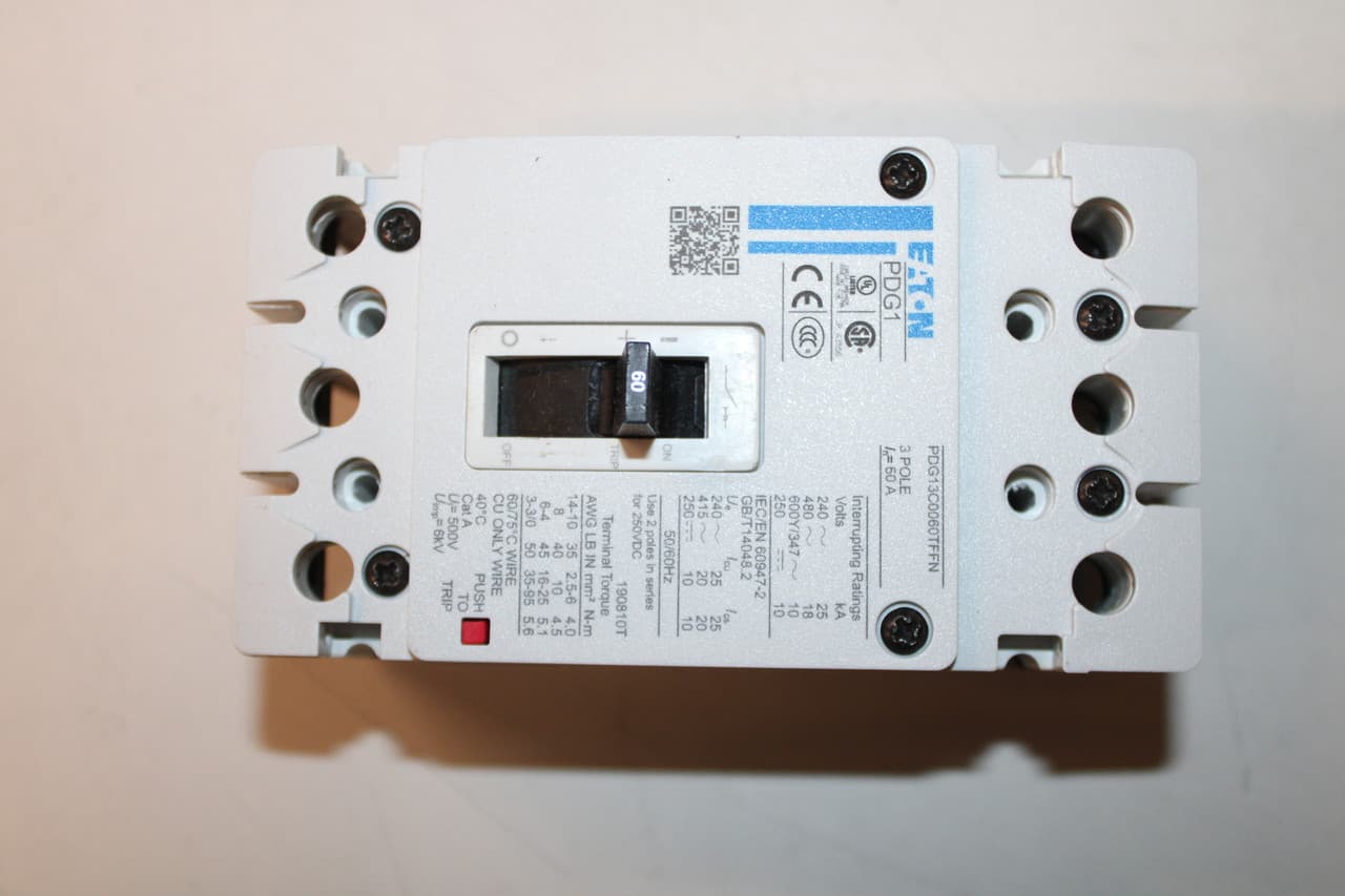 Eaton PDG13C0060TFFN PDG13C0060TFFN Eaton - Eaton Power Defense molded case circuit breaker, Globally Rated, Frame 1, Three Pole, 60A, 18kA/480V, T-M (Fxd-Fxd) TU, No Terminals Eaton PDG13C0060TFFN PDG13C0060TFFN Eaton - Eaton Power Defense molded case circuit breaker, Globally Rated, Frame 1, Three Pole, 60A, 18kA/480V, T-M (Fxd-Fxd) TU, No Terminals