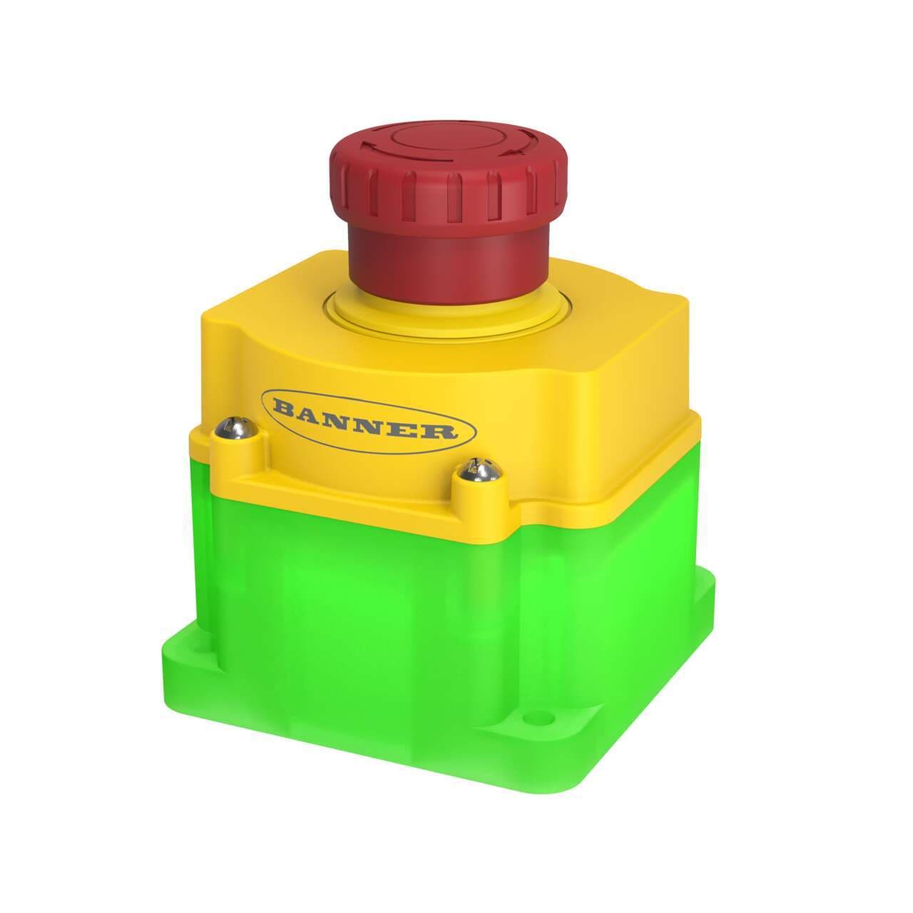 Banner SSA-EB1PLGR-0DED1Q8 Emergency Stop with ISD: Flush Mount 40 mm Push Button; Illuminated Color: Green/Red Flashing; 2 N.C. OSSD Safety Contacts, IP65; 8-pin M12 QD Banner SSA-EB1PLGR-0DED1Q8 Emergency Stop with ISD: Flush Mount 40 mm Push Button; Illuminated Color: Green/Red Flashing; 2 N.C. OSSD Safety Contacts, IP65; 8-pin M12 QD