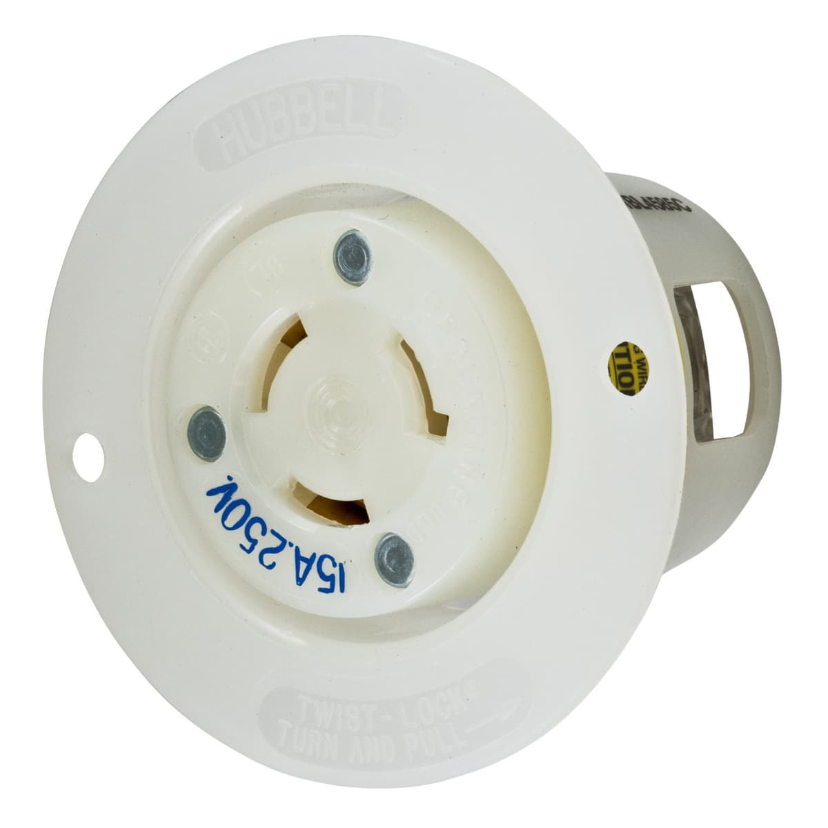 Hubbell HBL4585C Locking Devices, Twist-Lock®, Industrial, Insulgrip® Flanged Receptacle, 15A 250V, 2-Pole 3-Wire Grounding, NEMA L6-15R, Screw Terminal, Nylon casing, Back wired, White. ; Impact resistant thermoplastic construction ; Backwired terminations for ease of i Hubbell HBL4585C Locking Devices, Twist-Lock®, Industrial, Insulgrip® Flanged Receptacle, 15A 250V, 2-Pole 3-Wire Grounding, NEMA L6-15R, Screw Terminal, Nylon casing, Back wired, White. ; Impact resistant thermoplastic construction ; Backwired terminations for ease of i