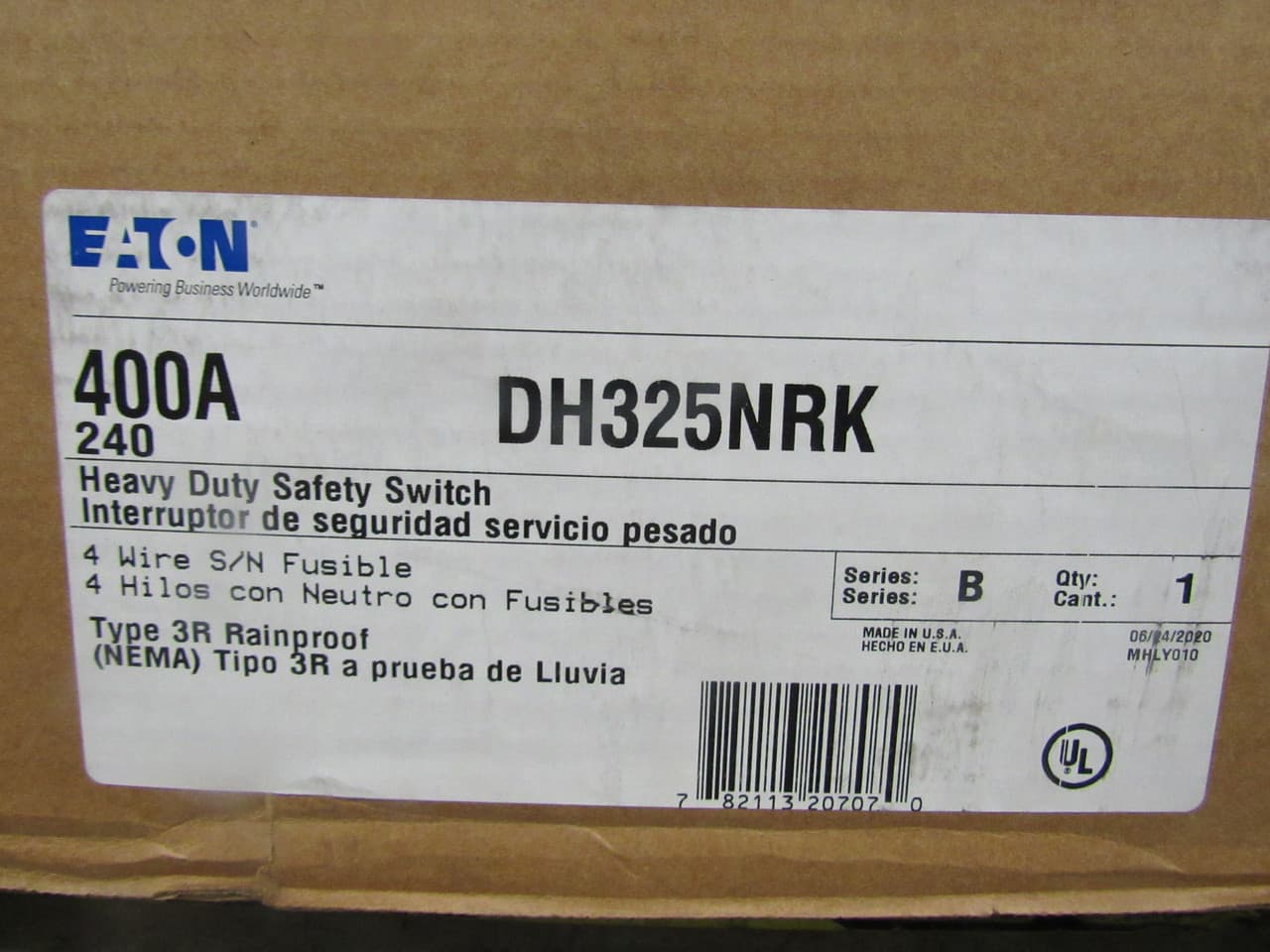 Eaton DH325NRK DH325NRK Eaton - Eaton Heavy duty single-throw fused safety switch, 400 A, NEMA 3R, Painted galvanized steel, Class H, Neutral, Three-pole, Four-wire, 240 V, Max Hp: 50, 125/ 50 hp (3PH @Std, TD/250 Vdc), (2)#1/0-(2)300 kcmil or (1)#1/0-(1)750 kcmil Al Eaton DH325NRK DH325NRK Eaton - Eaton Heavy duty single-throw fused safety switch, 400 A, NEMA 3R, Painted galvanized steel, Class H, Neutral, Three-pole, Four-wire, 240 V, Max Hp: 50, 125/ 50 hp (3PH @Std, TD/250 Vdc), (2)#1/0-(2)300 kcmil or (1)#1/0-(1)750 kcmil Al