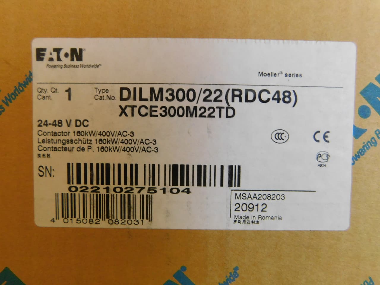 Eaton XTCE300M22TD 250 HP 480 V, 24 to 48 VDC Coil, 300 A, 3-Pole, 2NO-2NC, 160 MM M-Frame, Screw Terminal, Full Voltage, Non-Reversing, IEC Contactor Eaton XTCE300M22TD 250 HP 480 V, 24 to 48 VDC Coil, 300 A, 3-Pole, 2NO-2NC, 160 MM M-Frame, Screw Terminal, Full Voltage, Non-Reversing, IEC Contactor