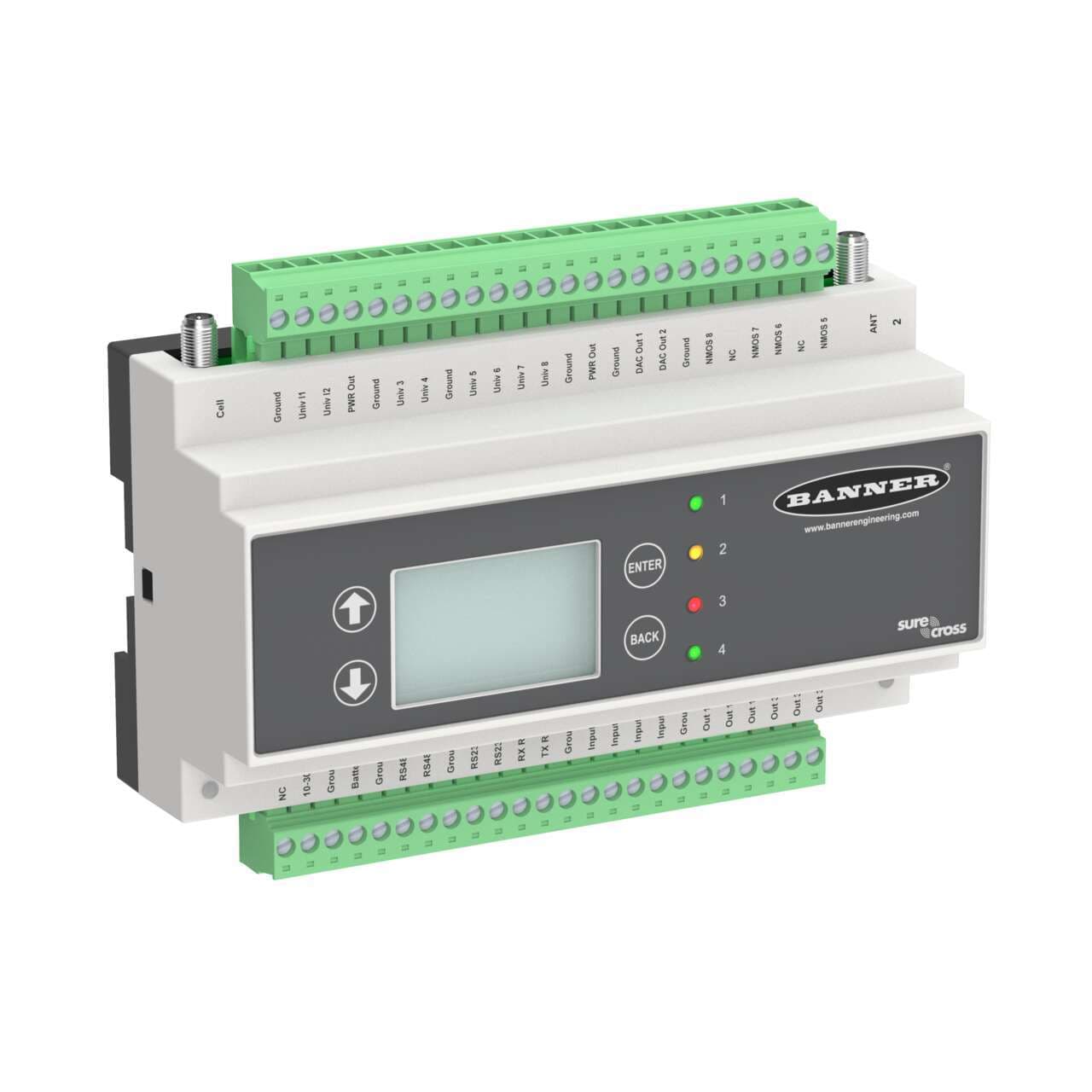Banner DXM100-A2R1-A Banner DXM100-A2R1-A - DXM100 Controller AT&T; with 900MHz ISM radio; Inputs: 4 Universal, SDI-12 Interface; Outputs: 4 NMOS Discrete, 2 Analog, 2 DC Latching, 2 Switched Power, 1 Courtesy Power; SAM4 Processor NO ETHERNET, LCD Display; LOW POWER CONSUMPTION Banner DXM100-A2R1-A Banner DXM100-A2R1-A - DXM100 Controller AT&T; with 900MHz ISM radio; Inputs: 4 Universal, SDI-12 Interface; Outputs: 4 NMOS Discrete, 2 Analog, 2 DC Latching, 2 Switched Power, 1 Courtesy Power; SAM4 Processor NO ETHERNET, LCD Display; LOW POWER CONSUMPTION