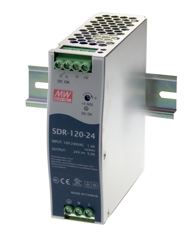 MEAN WELL SDR-120-24 AC-DC Industrial DIN rail power supply; Output 24Vdc at 5A; Metal casing; Ultra slim width 40mm MEAN WELL SDR-120-24 AC-DC Industrial DIN rail power supply; Output 24Vdc at 5A; Metal casing; Ultra slim width 40mm