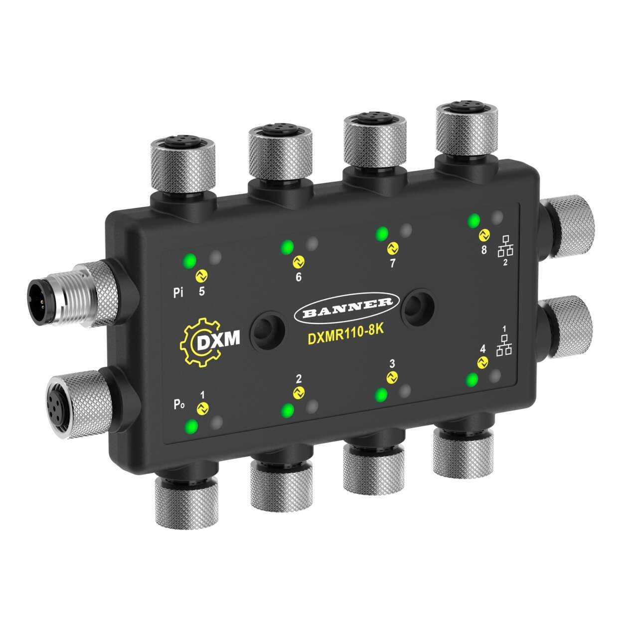 Banner DXMR110-8K DXMR110 8-port IO-Link Master/Controller; Power: 18-30 V dc; Female M12 (D-Code Ethernet); IP67, IP68; Ethernet IP, Modbus TCP, and Profinet Banner DXMR110-8K DXMR110 8-port IO-Link Master/Controller; Power: 18-30 V dc; Female M12 (D-Code Ethernet); IP67, IP68; Ethernet IP, Modbus TCP, and Profinet