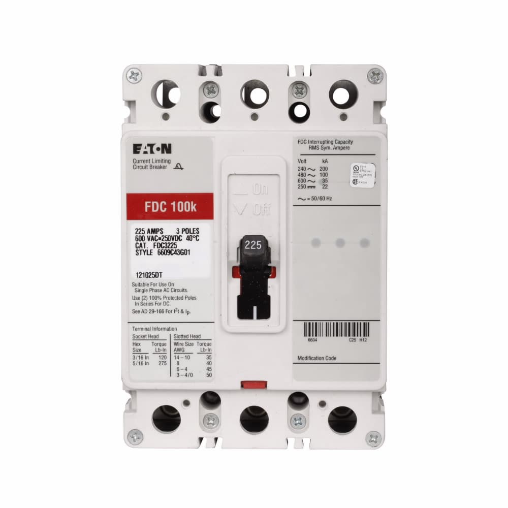 Eaton FDC3050V FDC3050V Eaton - Eaton Series C complete molded case circuit breaker, F-frame, FDC, Complete breaker, Fixed thermal, fixed magnetic trip type, Three-pole, 50A, 600 Vac, 250 Vdc, 200 kAIC at 240 Vac, 100 kAIC at 480 Vac, Load side, 50°C, 50/60 Hz Eaton FDC3050V FDC3050V Eaton - Eaton Series C complete molded case circuit breaker, F-frame, FDC, Complete breaker, Fixed thermal, fixed magnetic trip type, Three-pole, 50A, 600 Vac, 250 Vdc, 200 kAIC at 240 Vac, 100 kAIC at 480 Vac, Load side, 50°C, 50/60 Hz