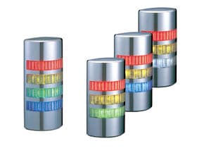Patlite WE-302FB-RYB Continuous or flashing light with audible alarm, wall mount, chrome body. Red, Amber, Blue LED Patlite WE-302FB-RYB Continuous or flashing light with audible alarm, wall mount, chrome body. Red, Amber, Blue LED