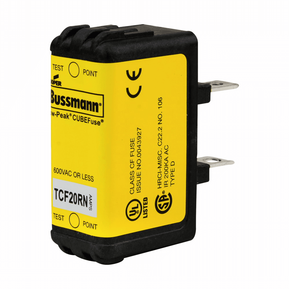 Cooper Bussmann TCF6RN TCF6RN Cooper Bussmann - Eaton Bussmann series TCF fuse, Finger safe, 600 Vac/300 Vdc, 6A, 300 kAIC at 600 Vac, 100 kAIC at 300 Vdc, Non-Indicating, Time delay, inrush current withstand, Class CF, CUBEFuse, Glass filled PES Cooper Bussmann TCF6RN TCF6RN Cooper Bussmann - Eaton Bussmann series TCF fuse, Finger safe, 600 Vac/300 Vdc, 6A, 300 kAIC at 600 Vac, 100 kAIC at 300 Vdc, Non-Indicating, Time delay, inrush current withstand, Class CF, CUBEFuse, Glass filled PES