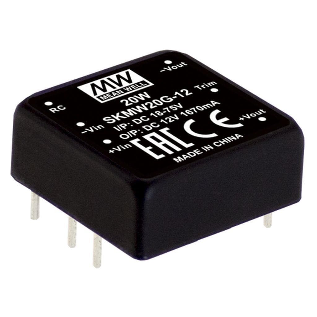 MEAN WELL SKMW20G-05 DC-DC Converter PCB mount; Input 18-75Vdc; Single Output 5Vdc at 4A; DIP Through hole package; 1" x 1" ultra compact size; Remote ON/OFF MEAN WELL SKMW20G-05 DC-DC Converter PCB mount; Input 18-75Vdc; Single Output 5Vdc at 4A; DIP Through hole package; 1" x 1" ultra compact size; Remote ON/OFF
