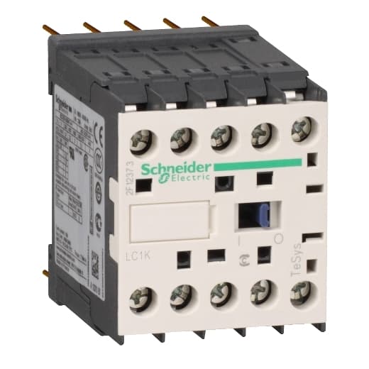 Schneider Electric LC1K06105F7 Schneider Electric LC1K06105F7 is a magnetic contactor within the K sub-range, featuring solder pins connections and equipped with 3 poles (3P; 3NO). It has a rated current of 20A under AC-1 conditions and 6A at 440Vac under AC-3 conditions. The contactor's net width is 45 mm and it offers a degree of protection rated at IP20. The control voltage for AC is specified at 88-126Vac (110Vac nominal; 50Hz/60Hz; 0.8...1.15 x Uc), with a rated operating voltage (Ue) of 690 V. It includes 1 Normally Open (NO) auxiliary contact, has a rated impulse voltage (Uimp) of 8 kV, and supports rated active power ranging from 1.5kW at 220-230Vac to 3kW at 660-690Vac under AC-3 conditions. This model does not include Normally Closed (NC) auxiliary contacts. Its mechanical durability at no load is rated for 10,000,000 operations, and the rated voltage (AC) phase-to-phase stands at 690 V. Schneider Electric LC1K06105F7 Schneider Electric LC1K06105F7 is a magnetic contactor within the K sub-range, featuring solder pins connections and equipped with 3 poles (3P; 3NO). It has a rated current of 20A under AC-1 conditions and 6A at 440Vac under AC-3 conditions. The contactor's net width is 45 mm and it offers a degree of protection rated at IP20. The control voltage for AC is specified at 88-126Vac (110Vac nominal; 50Hz/60Hz; 0.8...1.15 x Uc), with a rated operating voltage (Ue) of 690 V. It includes 1 Normally Open (NO) auxiliary contact, has a rated impulse voltage (Uimp) of 8 kV, and supports rated active power ranging from 1.5kW at 220-230Vac to 3kW at 660-690Vac under AC-3 conditions. This model does not include Normally Closed (NC) auxiliary contacts. Its mechanical durability at no load is rated for 10,000,000 operations, and the rated voltage (AC) phase-to-phase stands at 690 V.