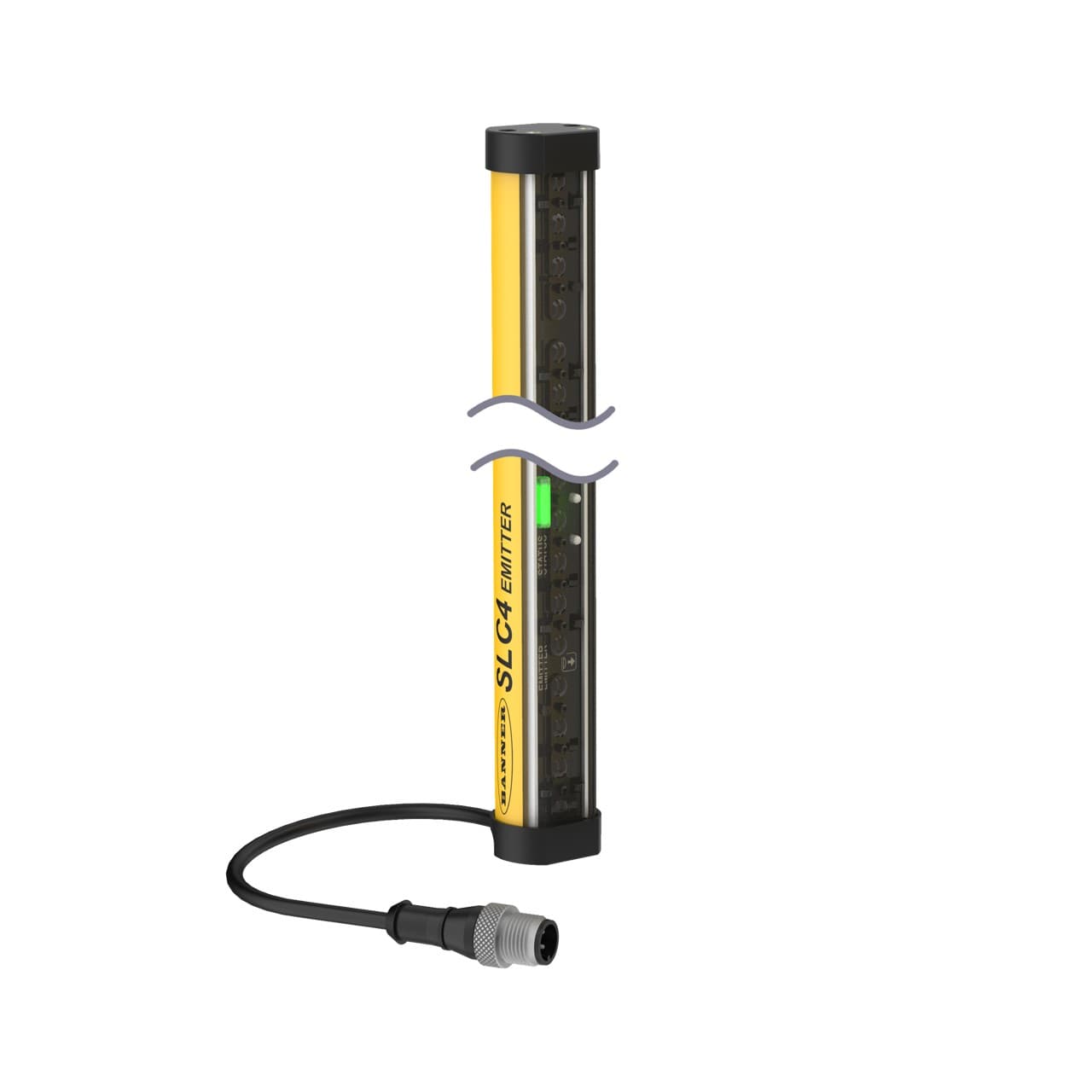 Banner SLC4E14-240P4 Banner Engineering SLC4E14-240P4 is a safety light curtain designed for finger detection with a resolution of 14mm, featuring a protective height of 240mm and 14mm beam spacing/pitch. It is constructed with a polycarbonate (PC) housing and end cap, and comes pre-wired with a 300mm pigtail terminated with a 4-pin Euro-style M12 connector. This part operates on a 24Vdc supply voltage and can function within an ambient air temperature range of -20 to +55°C. It offers a degree of protection rated at IP65 and has dimensions of 27mm in width, 253mm in height, and 23mm in depth. The SLC4E14-240P4 is equipped with 2 x digital outputs (24Vdc; 300mA; sourcing; redundant OSSD solid-state outputs) and has a sensing distance ranging from 10cm to 2m. The light curtain emits infrared (IR) light with a wavelength of 860 nm and is housed in a yellow casing. Banner SLC4E14-240P4 Banner Engineering SLC4E14-240P4 is a safety light curtain designed for finger detection with a resolution of 14mm, featuring a protective height of 240mm and 14mm beam spacing/pitch. It is constructed with a polycarbonate (PC) housing and end cap, and comes pre-wired with a 300mm pigtail terminated with a 4-pin Euro-style M12 connector. This part operates on a 24Vdc supply voltage and can function within an ambient air temperature range of -20 to +55°C. It offers a degree of protection rated at IP65 and has dimensions of 27mm in width, 253mm in height, and 23mm in depth. The SLC4E14-240P4 is equipped with 2 x digital outputs (24Vdc; 300mA; sourcing; redundant OSSD solid-state outputs) and has a sensing distance ranging from 10cm to 2m. The light curtain emits infrared (IR) light with a wavelength of 860 nm and is housed in a yellow casing.