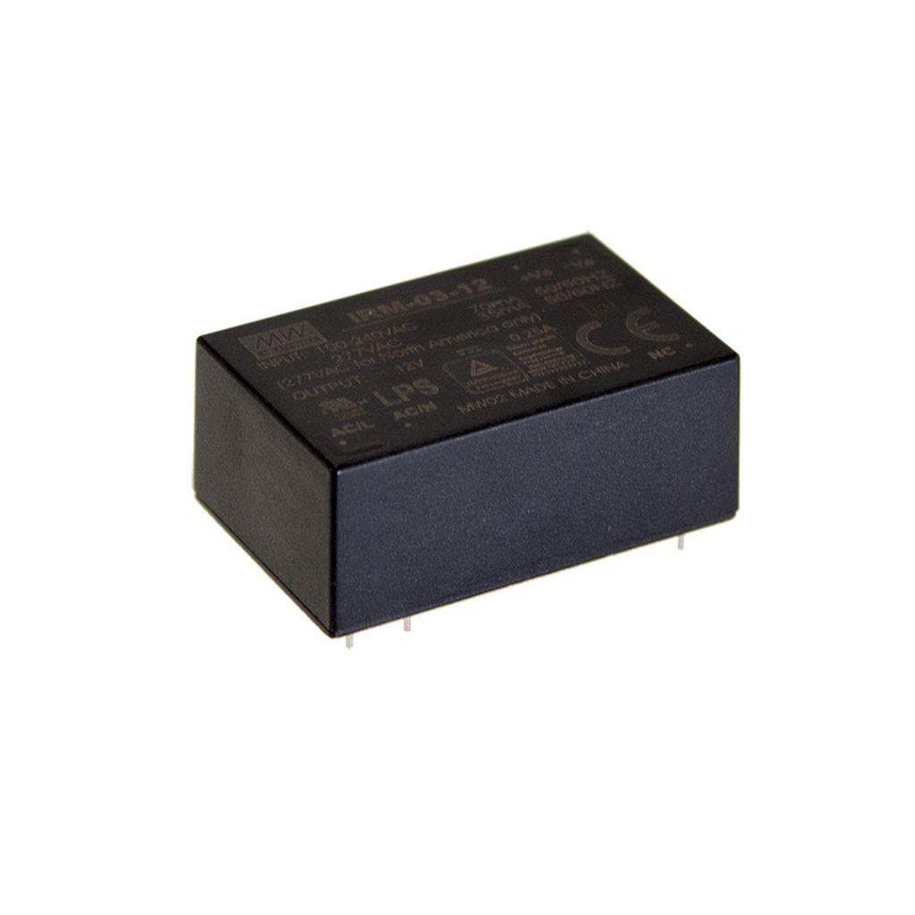 MEAN WELL IRM-03-9 AC-DC Single Output Encapsulated power supply, PCB mount; Input range 85-305VAC; Output 9VDC at 0.333A; Compact size MEAN WELL IRM-03-9 AC-DC Single Output Encapsulated power supply, PCB mount; Input range 85-305VAC; Output 9VDC at 0.333A; Compact size