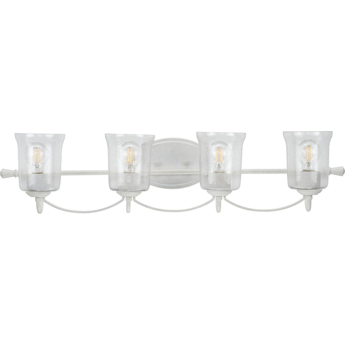 Hubbell P300256-151 Beautiful lighting will appeal to both your classic taste and your artistic spirit with the Bowman Collection White Four-Light Bath. Wandering eyes will focus on the clear, chiseled glass shades. The shades perch on handsome white light bases with decorat Hubbell P300256-151 Beautiful lighting will appeal to both your classic taste and your artistic spirit with the Bowman Collection White Four-Light Bath. Wandering eyes will focus on the clear, chiseled glass shades. The shades perch on handsome white light bases with decorat