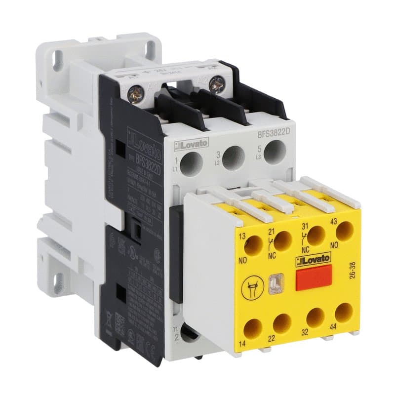 Lovato Electric BFS3822D024 BFS3822D024 Lovato - Three-pole safety contactor, IEC operating current Ie (AC3) = 38A, DC coil, 24VDC, 2NO+2NC auxiliary contact Lovato Electric BFS3822D024 BFS3822D024 Lovato - Three-pole safety contactor, IEC operating current Ie (AC3) = 38A, DC coil, 24VDC, 2NO+2NC auxiliary contact