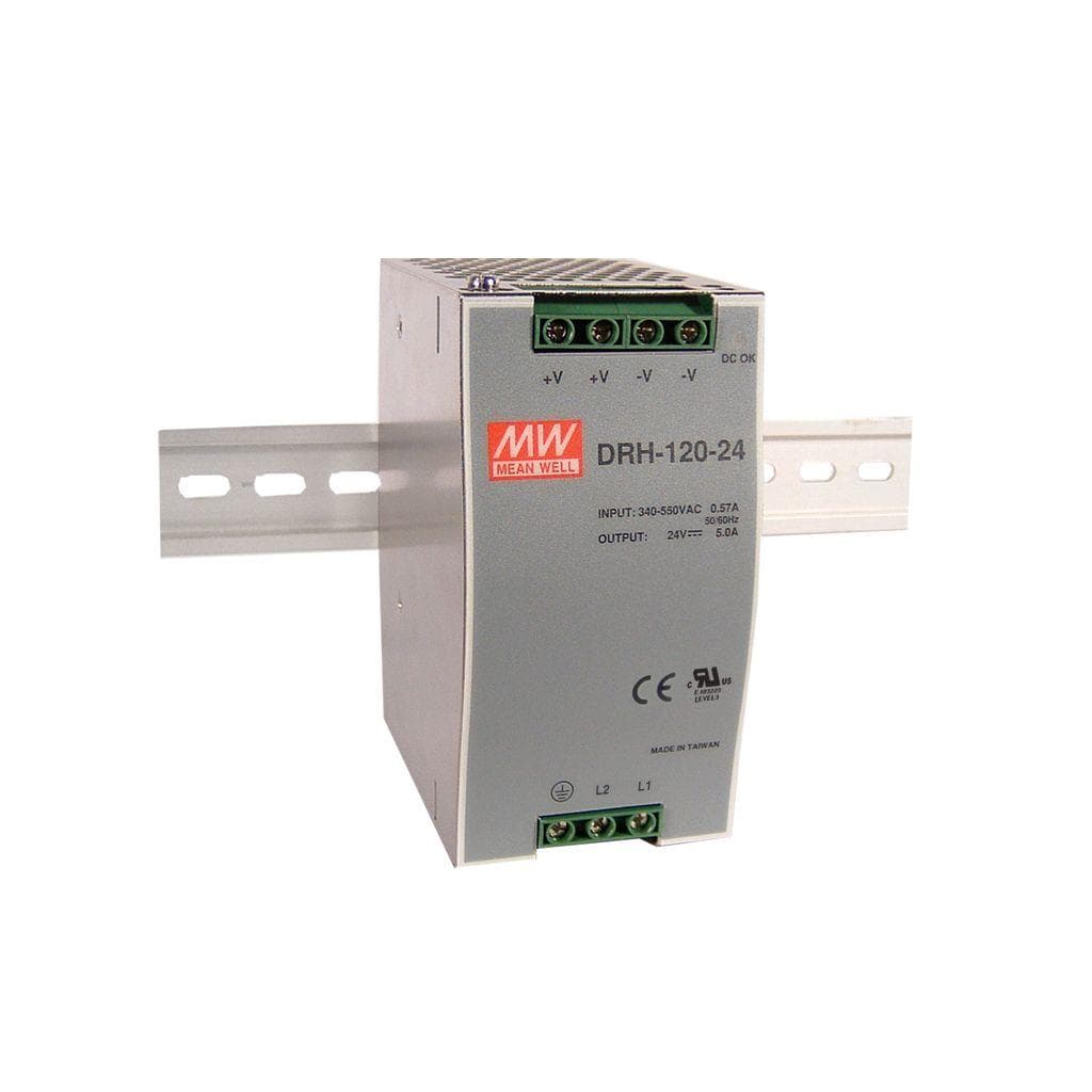 MEAN WELL DRH-120-48 AC-DC Industrial DIN rail power supply; Output 48Vdc at 2.5A; metal case; 2-phase wide input; DRH-120-48 is succeeded by WDR-120-48. MEAN WELL DRH-120-48 AC-DC Industrial DIN rail power supply; Output 48Vdc at 2.5A; metal case; 2-phase wide input; DRH-120-48 is succeeded by WDR-120-48.