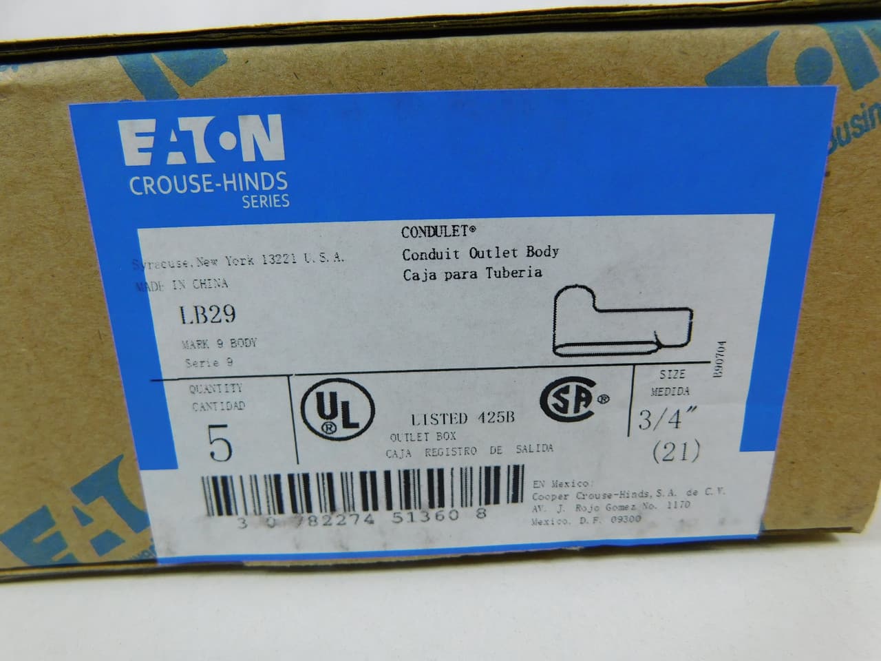 Eaton LB29 Condulet Mark 9 conduit outlet body, Copper-free aluminum, LB shape, 3/4" Eaton LB29 Condulet Mark 9 conduit outlet body, Copper-free aluminum, LB shape, 3/4"