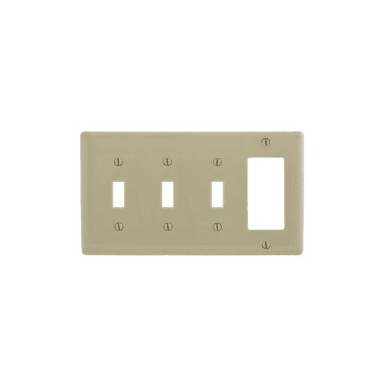 Hubbell NP326I Wallplates and Box Covers, Wallplate, Nylon, 4-Gang, 3) Toggle 1) Decorator, Ivory  ; Reinforcement ribs for extra strength ; High-impact, self-extinguishing nylon material ; Captive screw feature holds mounting screw in place ; Standard Size is 1/8" larg Hubbell NP326I Wallplates and Box Covers, Wallplate, Nylon, 4-Gang, 3) Toggle 1) Decorator, Ivory  ; Reinforcement ribs for extra strength ; High-impact, self-extinguishing nylon material ; Captive screw feature holds mounting screw in place ; Standard Size is 1/8" larg