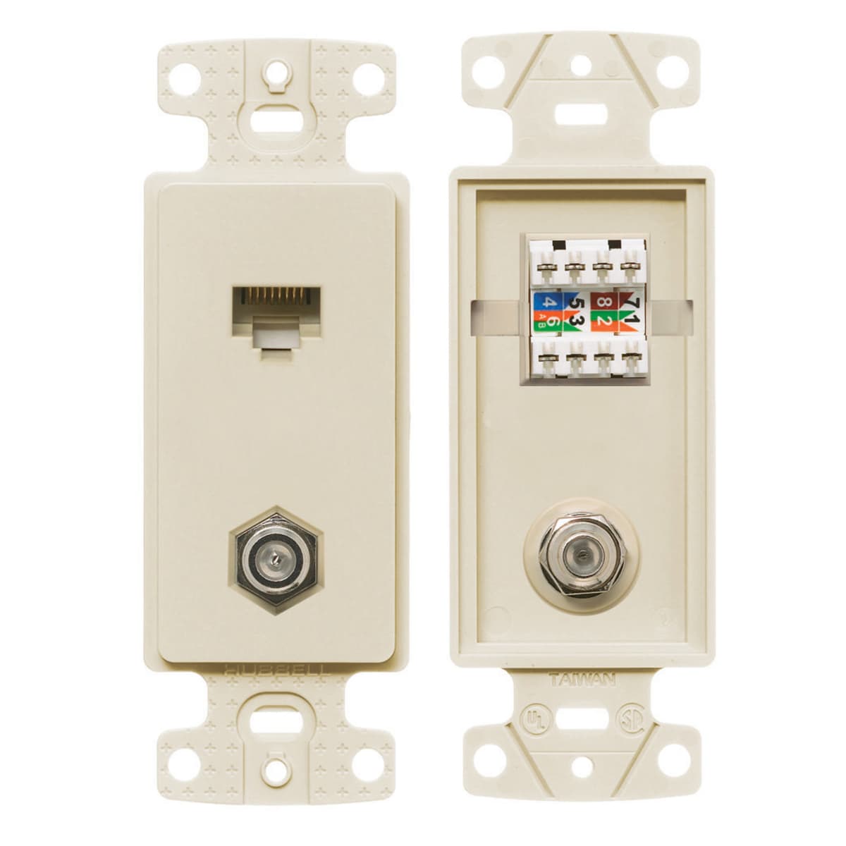 Hubbell NS785LA Plates, 1-Gang Frame, With F Connector and Cat5e Jack, Light Almond  ; Meets FCC part 68 ; High impact-resistant thermoplastic frame ; Standard Product Hubbell NS785LA Plates, 1-Gang Frame, With F Connector and Cat5e Jack, Light Almond  ; Meets FCC part 68 ; High impact-resistant thermoplastic frame ; Standard Product