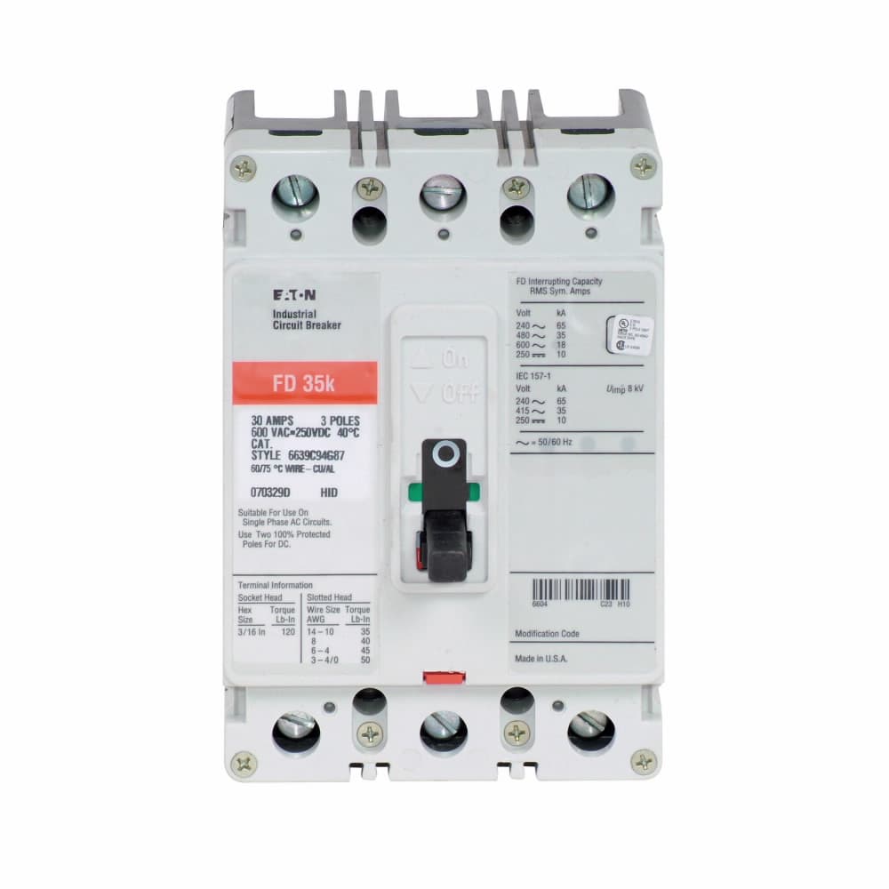 Eaton FD3125LS22 Eaton Series C complete molded case circuit breaker, F-frame, FD, Fixed thermal and magnetic trips, Three-pole, 125A, 600 Vac, 250 Vdc, 65 kAIC at 240 Vac, 35 kAIC at 480 Vac, Line/load, 48-127 Vac or 48-60 Vdc rear w/ right pigtail Eaton FD3125LS22 Eaton Series C complete molded case circuit breaker, F-frame, FD, Fixed thermal and magnetic trips, Three-pole, 125A, 600 Vac, 250 Vdc, 65 kAIC at 240 Vac, 35 kAIC at 480 Vac, Line/load, 48-127 Vac or 48-60 Vdc rear w/ right pigtail