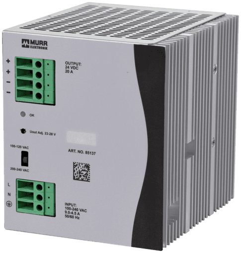 Murr Elektronik 85137 85137 Murrelektronik - ECO-RAIL-2 POWER SUPPLY 1-PHASE, IN: 90 .. 132 VAC / 173 ... 264 VAC OUT: 24V/20ADC Murr Elektronik 85137 85137 Murrelektronik - ECO-RAIL-2 POWER SUPPLY 1-PHASE, IN: 90 .. 132 VAC / 173 ... 264 VAC OUT: 24V/20ADC