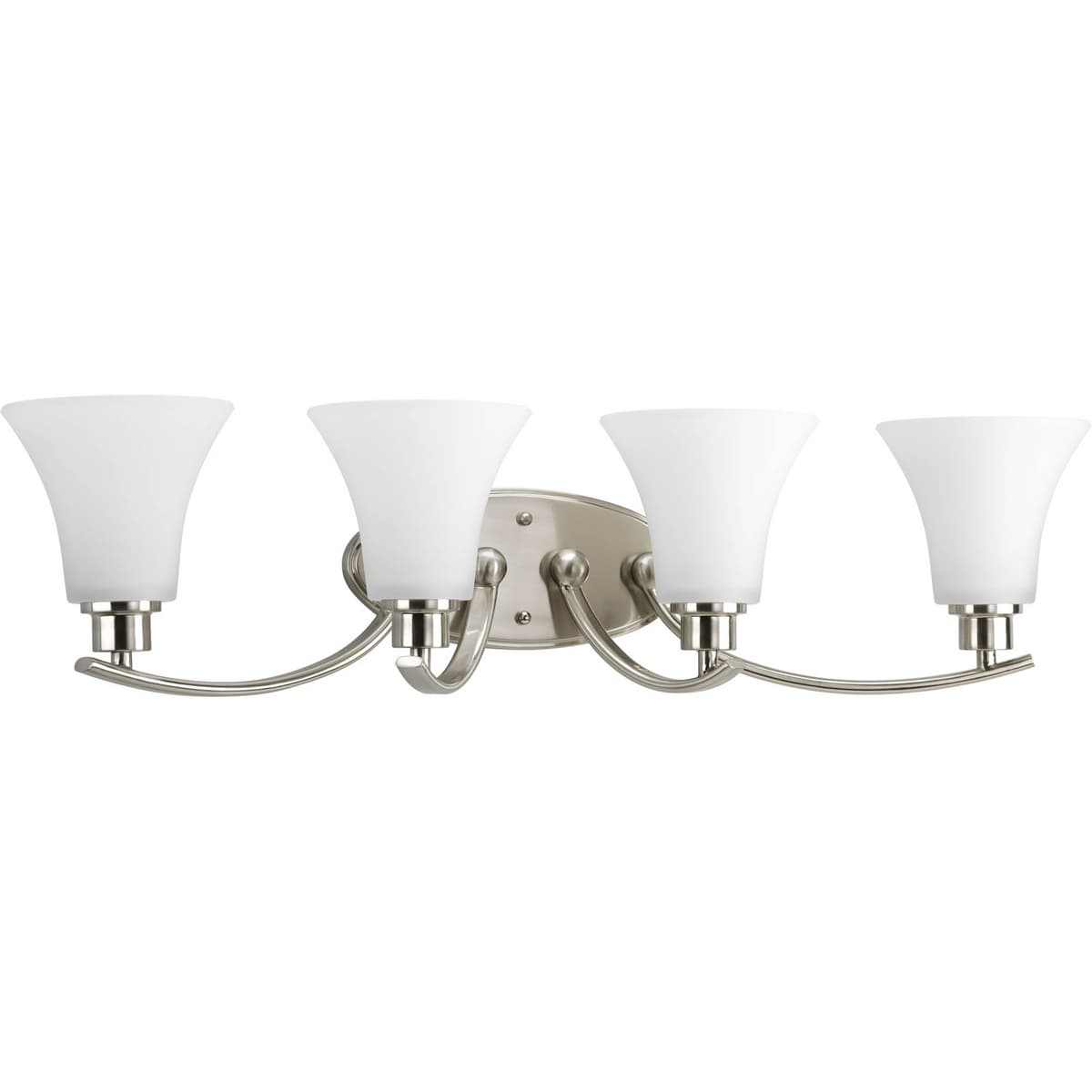 Hubbell P2003-09 Gleeful simplicity defines the Joy Collection. Refreshing and fashionable, arcing forms of metal and fluted glass shades are enhanced by a classic Brushed Nickel finish. Four white etched glass complete the look and allows you to coordinate well with othe Hubbell P2003-09 Gleeful simplicity defines the Joy Collection. Refreshing and fashionable, arcing forms of metal and fluted glass shades are enhanced by a classic Brushed Nickel finish. Four white etched glass complete the look and allows you to coordinate well with othe