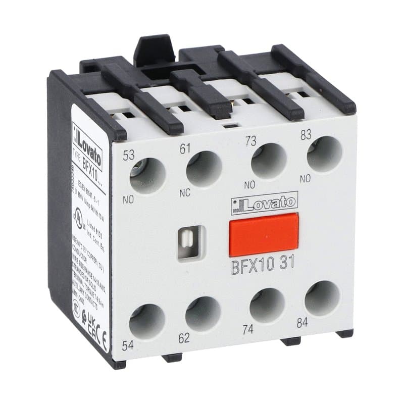 Lovato Electric BFX1031 BFX1031 Lovato - Auxiliary contact with front centre mounting. Screw terminals, for BF00, BF09...BF150 series contactors, 3NO+1NC Lovato Electric BFX1031 BFX1031 Lovato - Auxiliary contact with front centre mounting. Screw terminals, for BF00, BF09...BF150 series contactors, 3NO+1NC