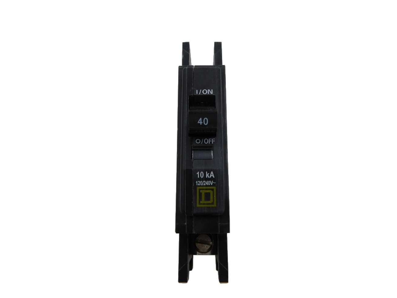 Schneider Electric QOU140 Square D by Schneider Electric QOU140 is a unit-mount Miniature Circuit Breaker (MCB) designed for a single-pole configuration. It features slotted box lugs connections on both the load and line sides, accommodating a cross-section of 14-2AWG for one aluminum or copper cable. This MCB is rated for a current of 40A and supports rated voltages of 48Vdc and 120/240Vac. It has a short circuit breaking rating of 10kA at 240Vac and 5kA at 48Vdc. The terminals are of the box lugs type, facilitating secure and straightforward installations. Schneider Electric QOU140 Square D by Schneider Electric QOU140 is a unit-mount Miniature Circuit Breaker (MCB) designed for a single-pole configuration. It features slotted box lugs connections on both the load and line sides, accommodating a cross-section of 14-2AWG for one aluminum or copper cable. This MCB is rated for a current of 40A and supports rated voltages of 48Vdc and 120/240Vac. It has a short circuit breaking rating of 10kA at 240Vac and 5kA at 48Vdc. The terminals are of the box lugs type, facilitating secure and straightforward installations.