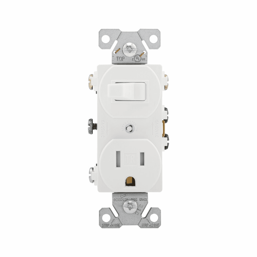 Eaton TR293W TR293W Eaton - Eaton commercial grade combination switch, tamp resist, auto-grnd, Stand, #14 - #12 AWG, 15A, Commer, 120V switch, 125V recept, bk and sd wiring, togg, Maint closure, Screw, Brass, wht, 5-15R, -20-60?C, 3-way, dplx, thermoplas, PVC Eaton TR293W TR293W Eaton - Eaton commercial grade combination switch, tamp resist, auto-grnd, Stand, #14 - #12 AWG, 15A, Commer, 120V switch, 125V recept, bk and sd wiring, togg, Maint closure, Screw, Brass, wht, 5-15R, -20-60?C, 3-way, dplx, thermoplas, PVC