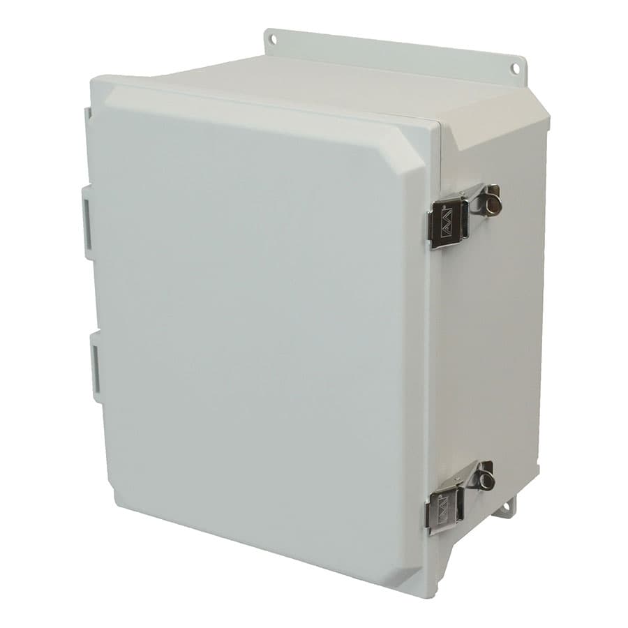 Allied Moulded Products AMU1426LF 14"x12"x6" ULTRALINE® fiberglass wall mount enclosure assembly with hinged cover and stainless-steel snap latch Allied Moulded Products AMU1426LF 14"x12"x6" ULTRALINE® fiberglass wall mount enclosure assembly with hinged cover and stainless-steel snap latch