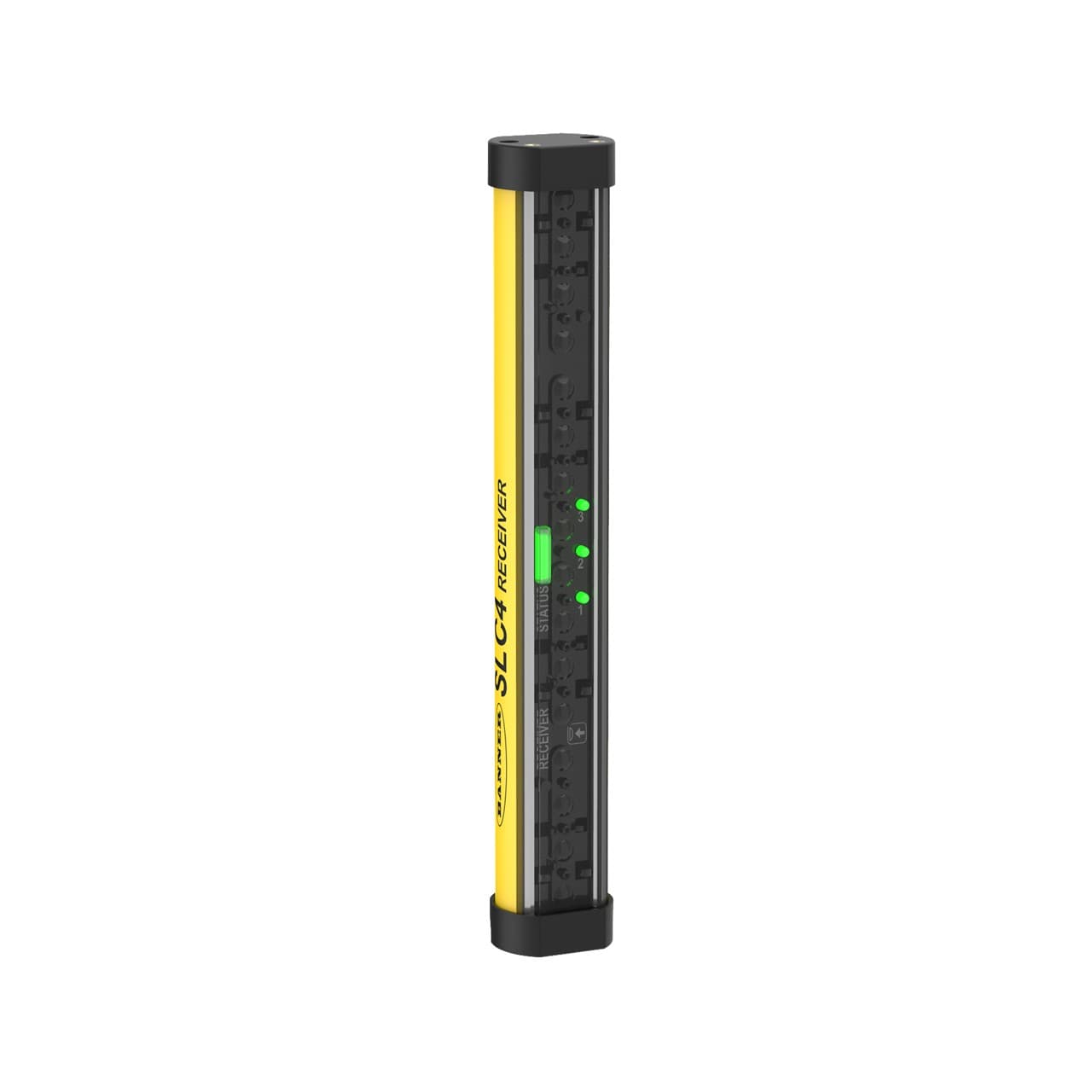 Banner SLC4R24-160P4 Banner Engineering SLC4R24-160P4 is a safety light curtain designed specifically for hand detection with a resolution of 24mm and a protective height of 160mm. This receiver unit is encased in a polycarbonate housing and end cap, ensuring durability. It features a pre-wired 300mm pigtail that terminates with a 4-pin Euro-style M12 connector for easy installation. The unit operates on a 24Vdc supply voltage and is designed to function within an ambient air temperature range of -20 to +55°C. With an IP65 degree of protection, it is well-suited for various industrial environments. The SLC4R24-160P4 offers a sensing distance ranging from 10cm to 2m and includes 2 digital outputs (24Vdc; 300mA; sourcing; redundant OSSD solid-state outputs) for enhanced functionality. The dimensions of this safety light curtain are 27mm in width, 174mm in height, and 23mm in depth, with a beam spacing/pitch of 24mm. The housing is colored yellow for visibility. Banner SLC4R24-160P4 Banner Engineering SLC4R24-160P4 is a safety light curtain designed specifically for hand detection with a resolution of 24mm and a protective height of 160mm. This receiver unit is encased in a polycarbonate housing and end cap, ensuring durability. It features a pre-wired 300mm pigtail that terminates with a 4-pin Euro-style M12 connector for easy installation. The unit operates on a 24Vdc supply voltage and is designed to function within an ambient air temperature range of -20 to +55°C. With an IP65 degree of protection, it is well-suited for various industrial environments. The SLC4R24-160P4 offers a sensing distance ranging from 10cm to 2m and includes 2 digital outputs (24Vdc; 300mA; sourcing; redundant OSSD solid-state outputs) for enhanced functionality. The dimensions of this safety light curtain are 27mm in width, 174mm in height, and 23mm in depth, with a beam spacing/pitch of 24mm. The housing is colored yellow for visibility.