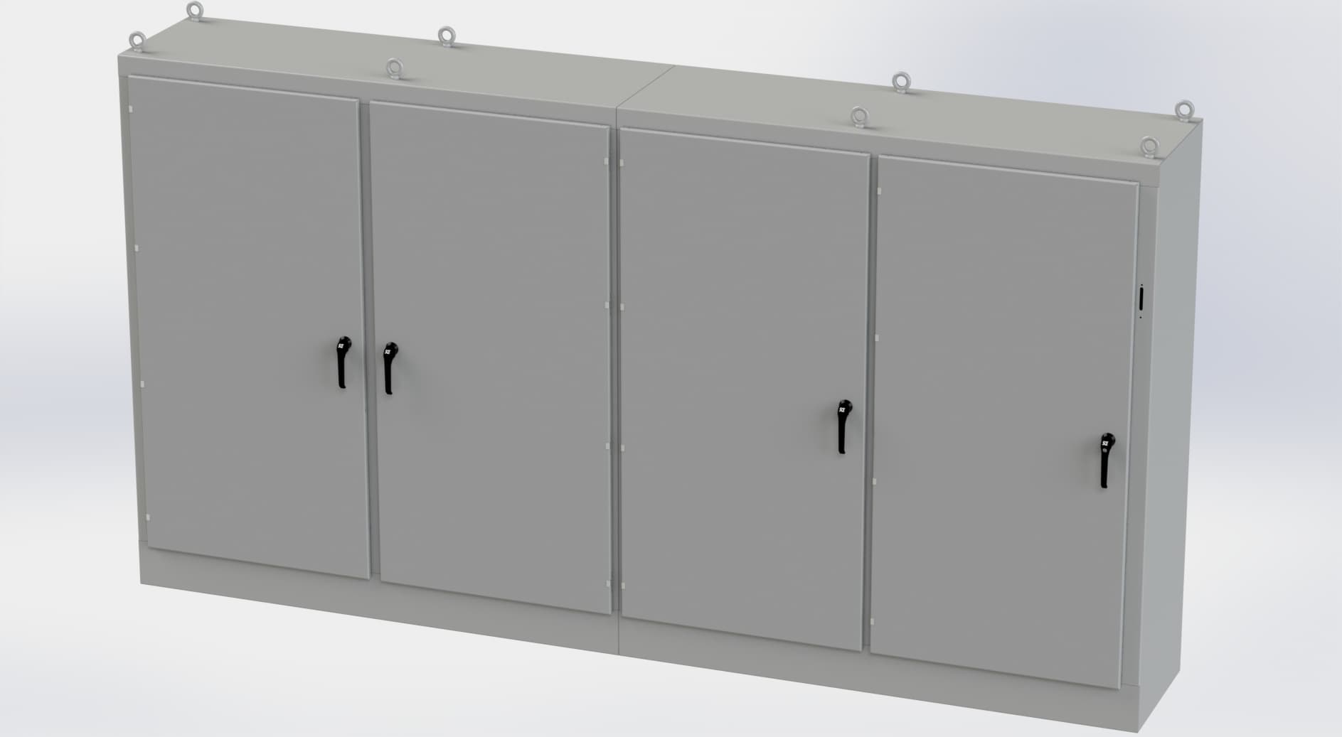 Saginaw Control SCE-84XM4EW24G 4DR XM Enclosure, Height:84.00", Width:157.50", Depth:24.00", ANSI-61 gray powder coating inside and out. Subpanels are powder coated white. Saginaw Control SCE-84XM4EW24G 4DR XM Enclosure, Height:84.00", Width:157.50", Depth:24.00", ANSI-61 gray powder coating inside and out. Subpanels are powder coated white.