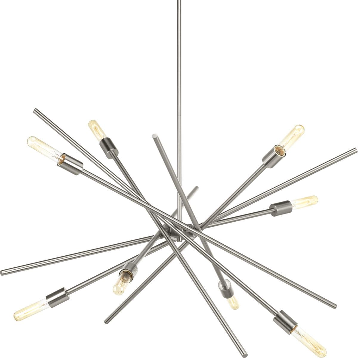 Hubbell P400109-009 An iconic fixture, Astra features an organic, asymmetrical design. Ideal for dining room settings or entryways, these space-aged inspired pieces are so versatile they can be incorporated into a variety of interiors. Eight-Light Chandelier. Brushed Nickel Hubbell P400109-009 An iconic fixture, Astra features an organic, asymmetrical design. Ideal for dining room settings or entryways, these space-aged inspired pieces are so versatile they can be incorporated into a variety of interiors. Eight-Light Chandelier. Brushed Nickel