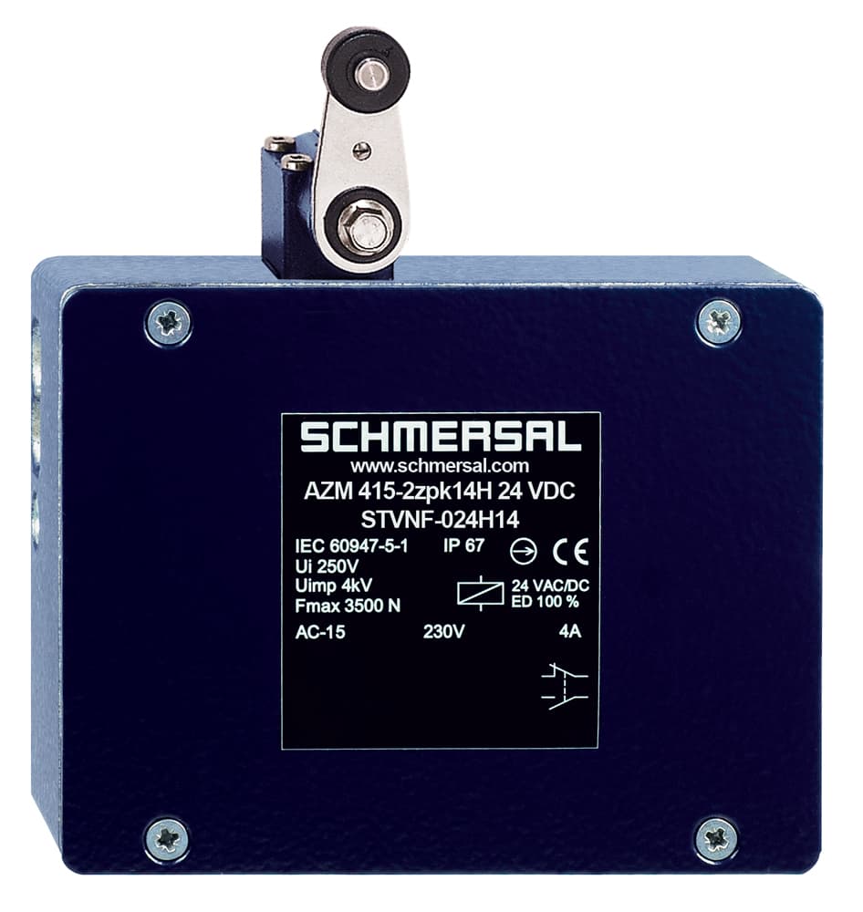 Schmersal AZM 415-02/11ZPK14H 24 VAC/DC Solenoid interlock; Adjustable ball latch to 400 N; Problem-free opening of stressed doors by means of bell-crank system; Two switches with separate actuators; Suitable for Control Category 4; The condition of the guard device can be scanned; Spring-loade Schmersal AZM 415-02/11ZPK14H 24 VAC/DC Solenoid interlock; Adjustable ball latch to 400 N; Problem-free opening of stressed doors by means of bell-crank system; Two switches with separate actuators; Suitable for Control Category 4; The condition of the guard device can be scanned; Spring-loade